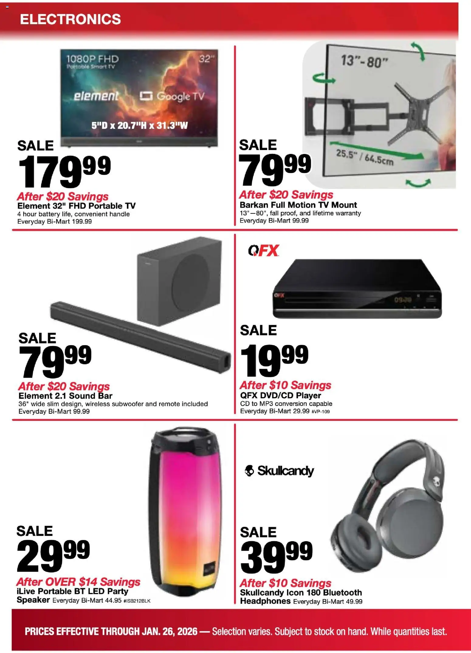 Bi-Mart Weekly Ad - valid from 20.01.2026 | Page: 4 | Products: Battery, Subwoofer, Sound Bar, Speaker