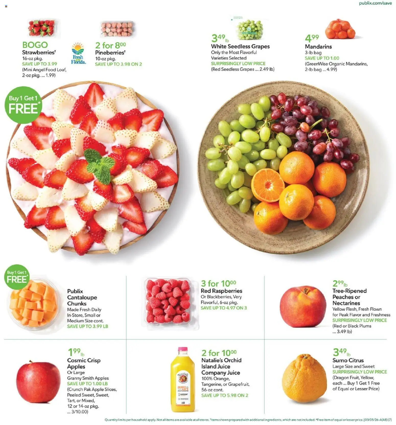 Publix Weekly Ad - valid from 04.03.2026 | Page: 7 | Products: Mandarins, Peaches, Grapes, Bag