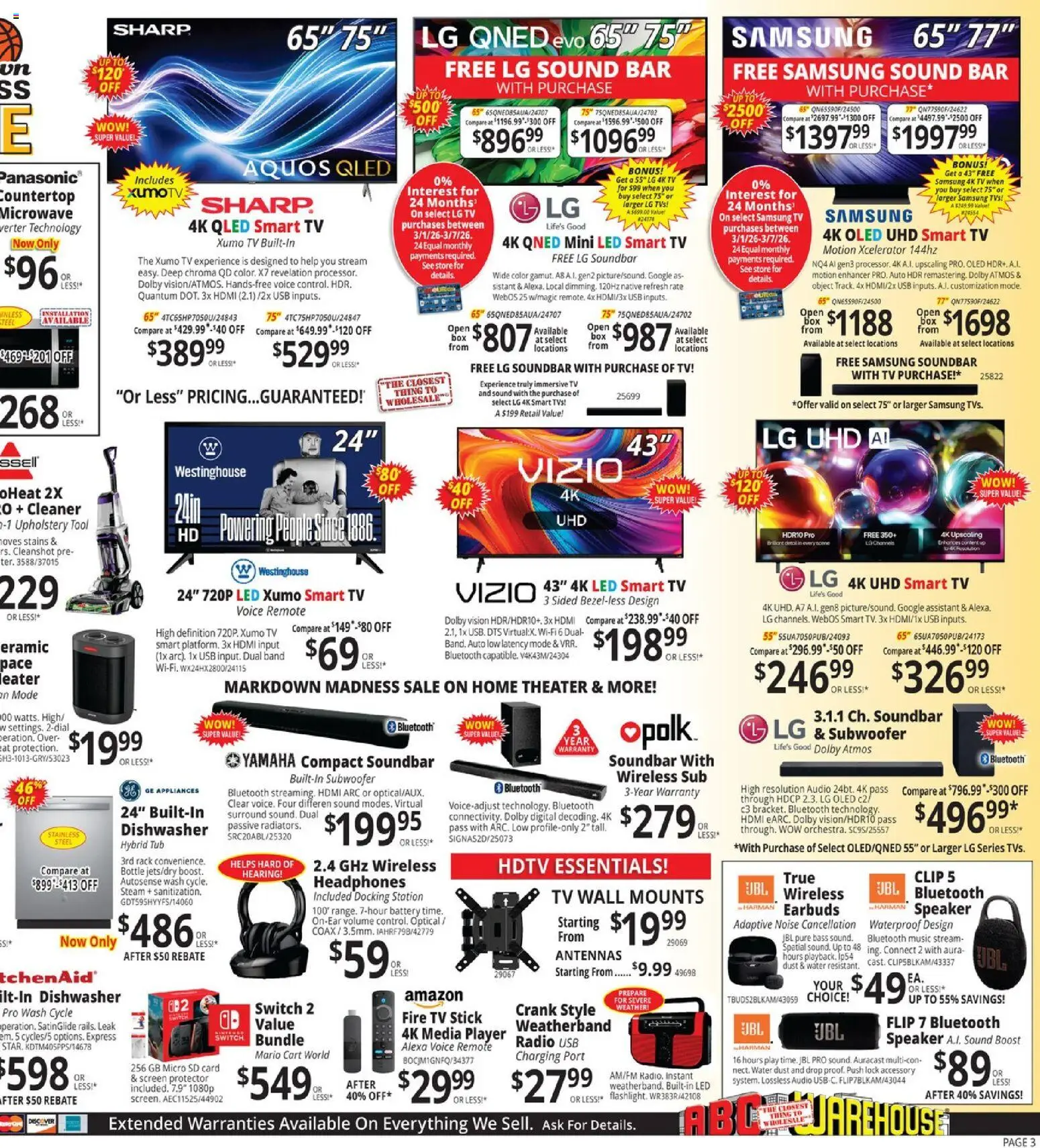 ABC Warehouse Weekly Ad - valid from 01.03.2026 | Page: 3 | Products: Subwoofer, Sound Bar, Headphones, Dishwasher