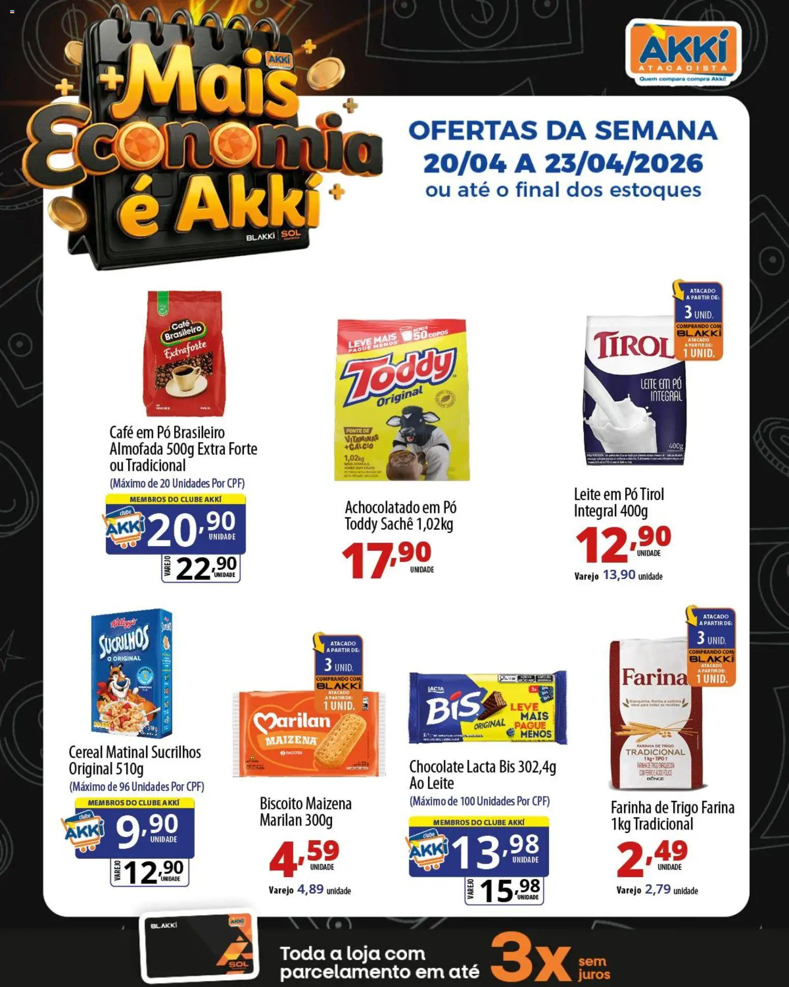 Akki Atacadista Folheto - válido de 20.04.2026 | Página: 4 | Produtos: Leite, Cálcio, Sucrilhos, Copos