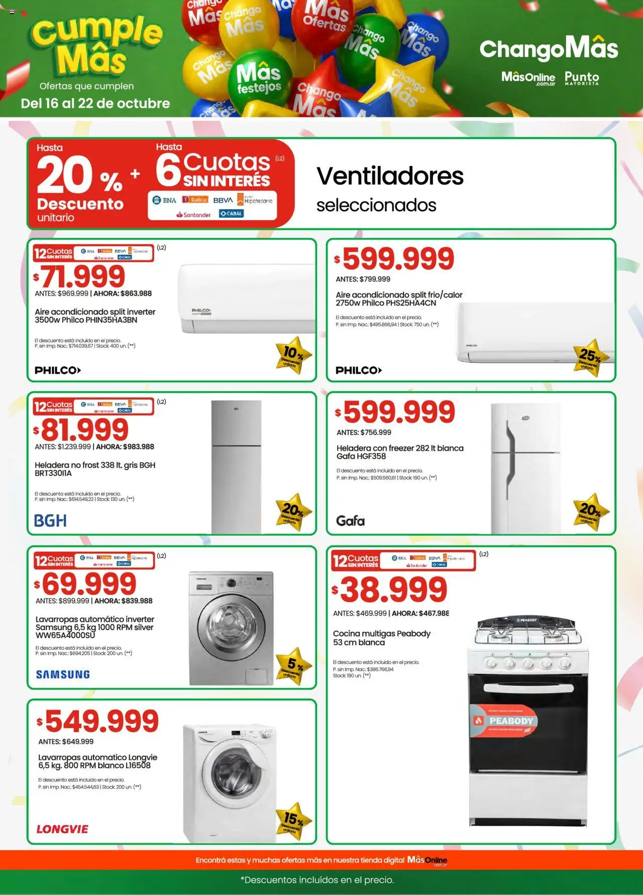 Changomas ofertas │ válido desde el 16.10.2025 | Página: 13 | Productos: Cocina, Lavarropas, Heladera, Freezer