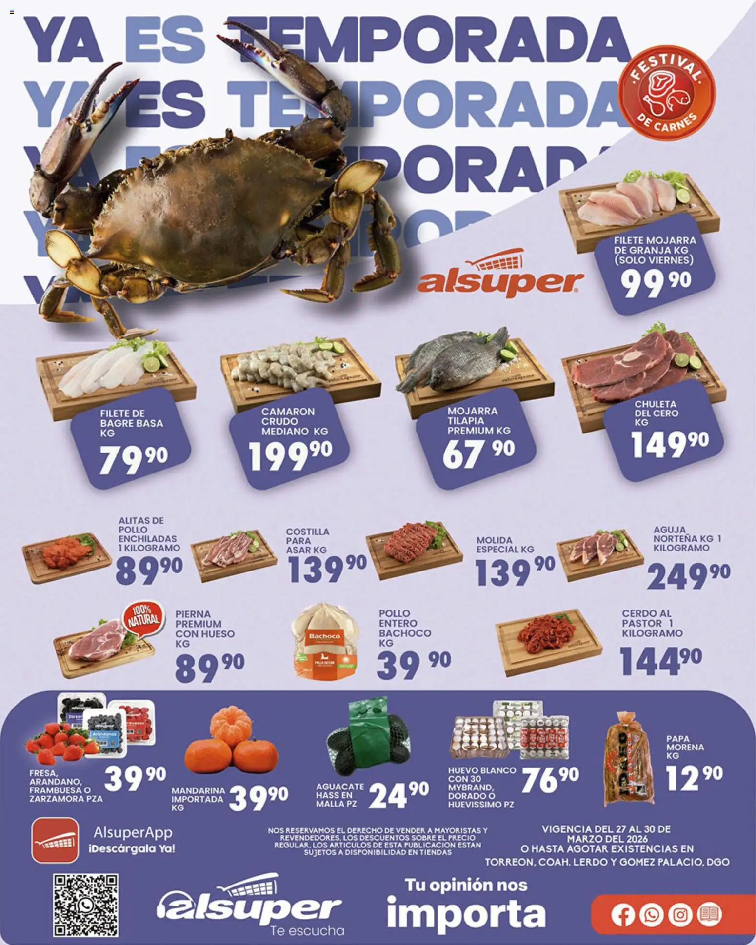 Nuevas ofertas de Alsuper válidas en toda la República Mexicana desde el 27.03.2026. ¡Encuentra las mejores ofertas en Alsuper folleto Laguna! | Página: 1 | Productos: Papa, Aguacate, Cerdo, Malla