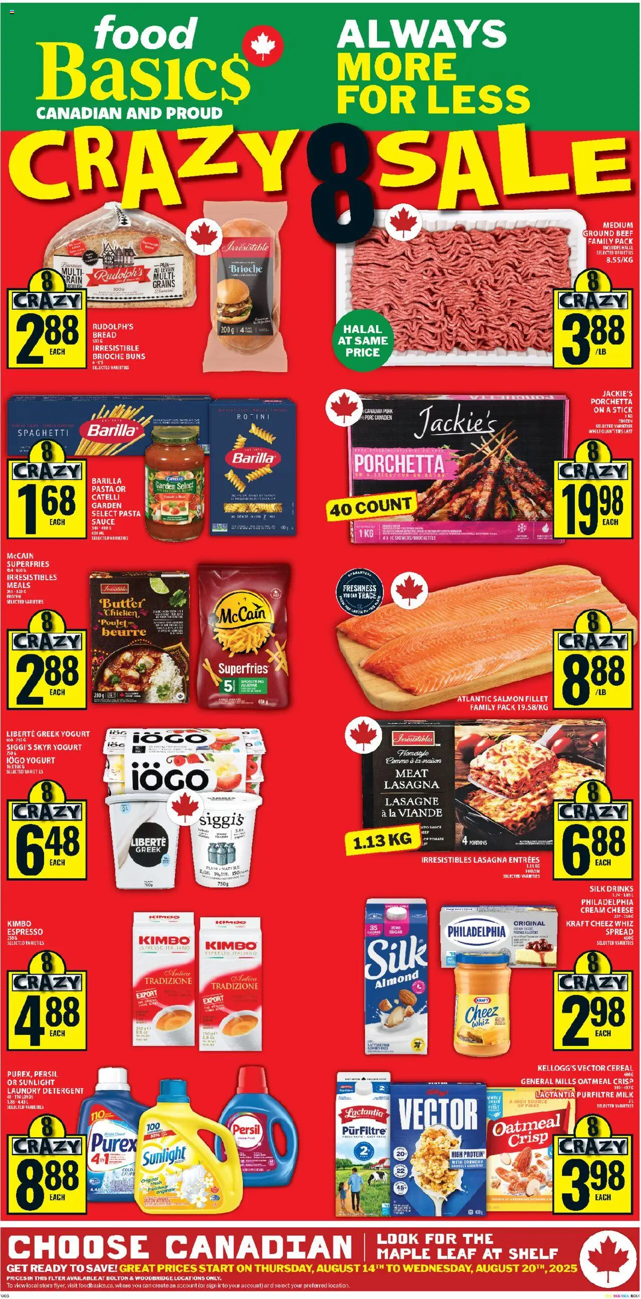 Food Basics flyer valid from 14.08.2025 | Page: 1 | Products: Cream, Detergent, Milk, Coffee