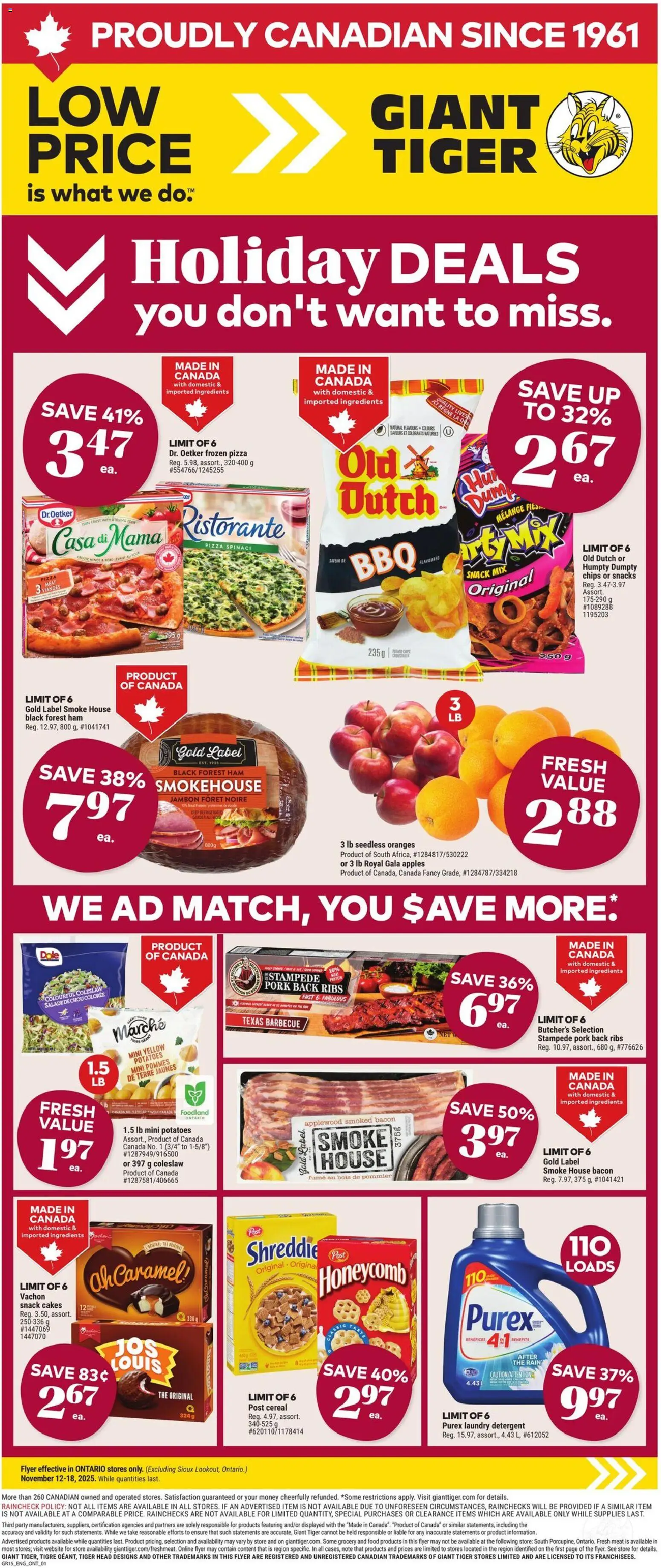 Giant Tiger flyer valid from 12.11.2025 | Page: 1 | Products: Ham, Pork, Apples, Oranges