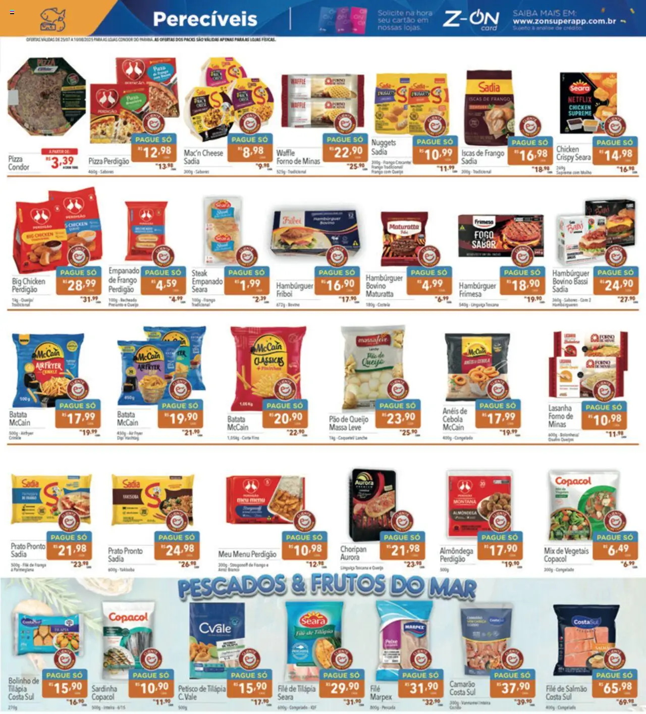 Supermercados Condor Folheto - válido de 25.07.2025 | Página: 13 | Produtos: Filé de frango, Tilápia, Massa, Hambúrguer