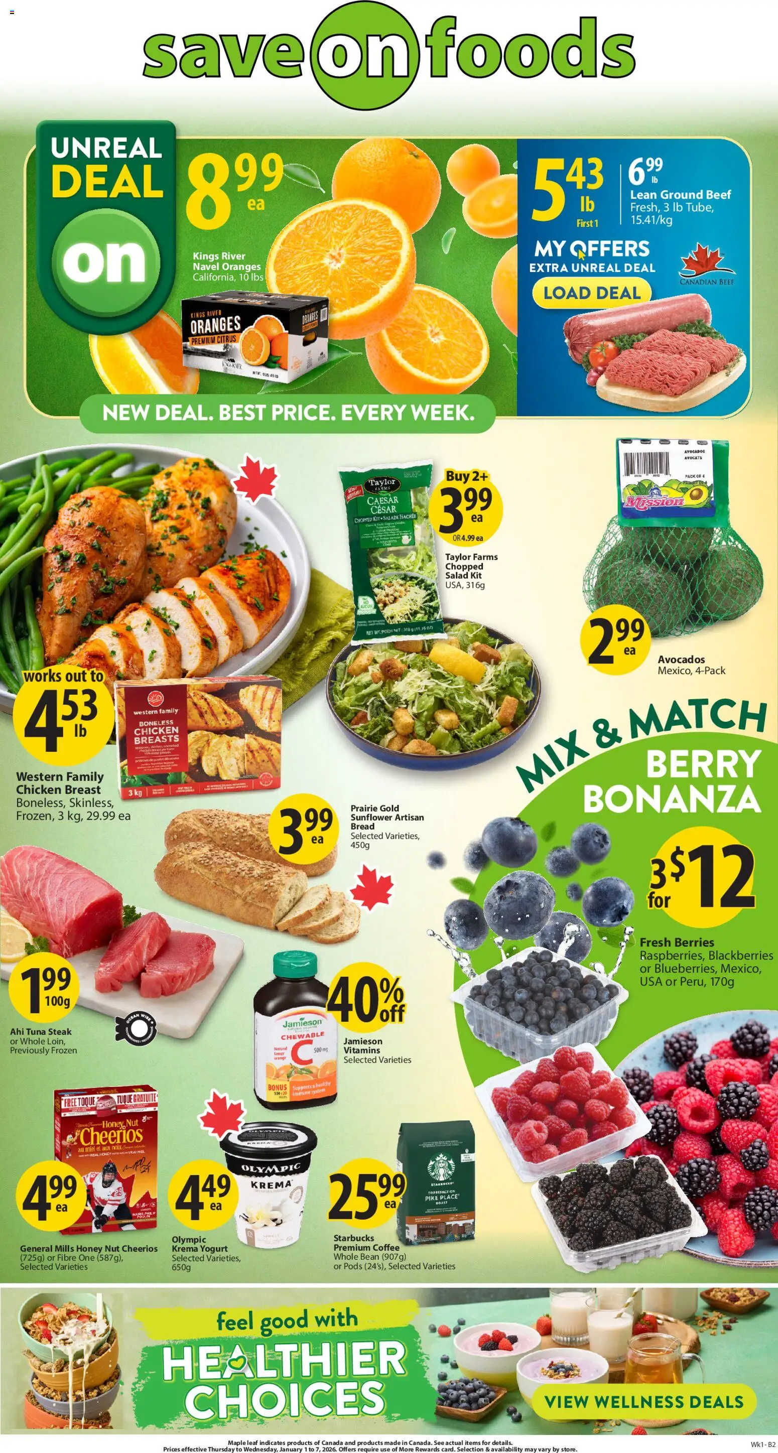 Save on foods flyer valid from 01.01.2026 | Page: 2 | Products: Salad, Yogurt, Coffee, Oranges