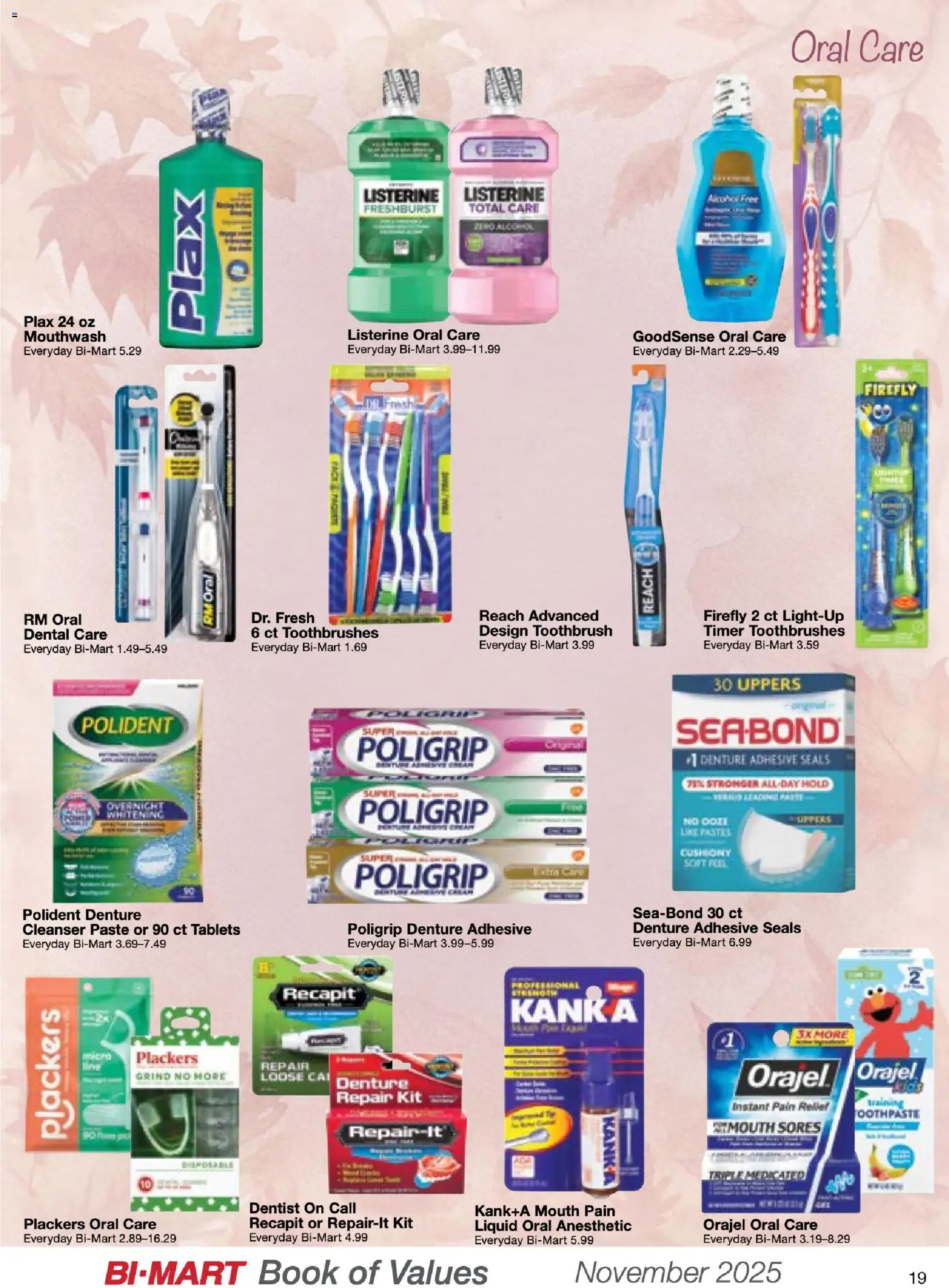 Bi-Mart November Health & Beauty Book of Values - valid from 01.11.2025 | Page: 19 | Products: Adhesive, Toothbrush, Mouthwash