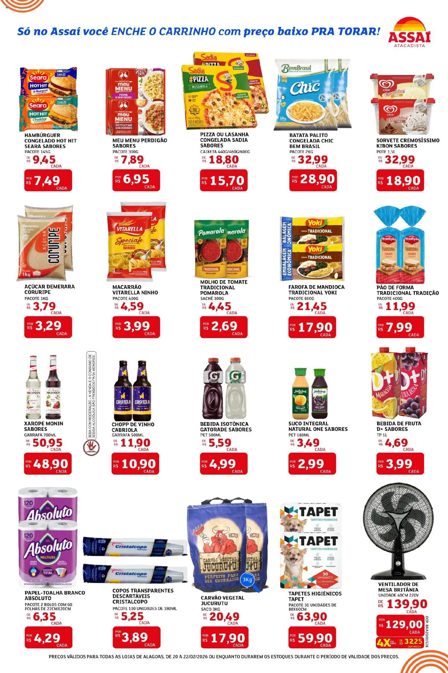 Assaí Atacadista Folheto - válido de 20.02.2026 | Página: 2 | Produtos: Mandioca, Cheddar, Macarrão, Hambúrguer