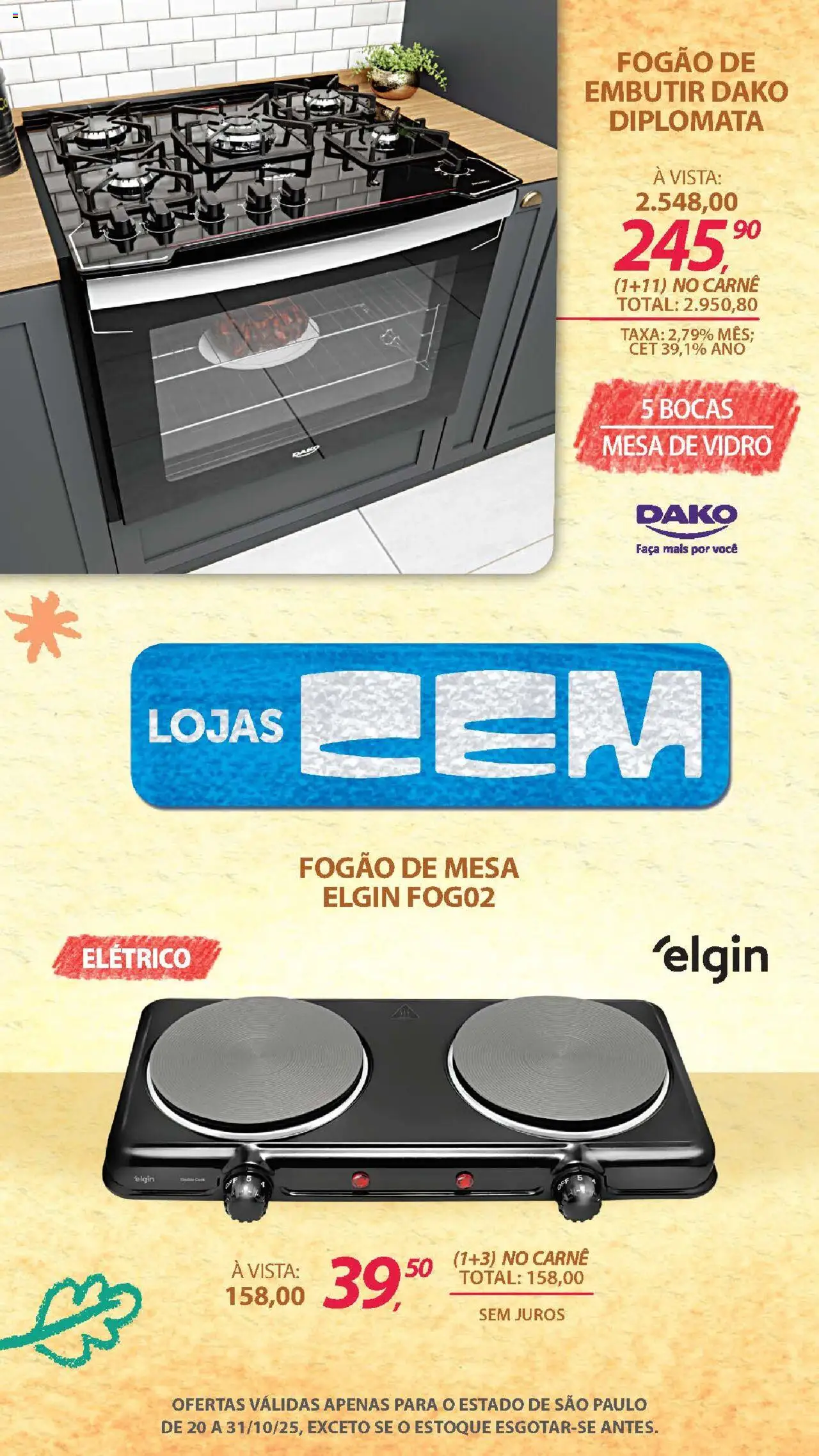 Lojas Cem Folheto - válido de 20.10.2025 | Página: 43 | Produtos: Fogão, Mesa, Faca, Carne