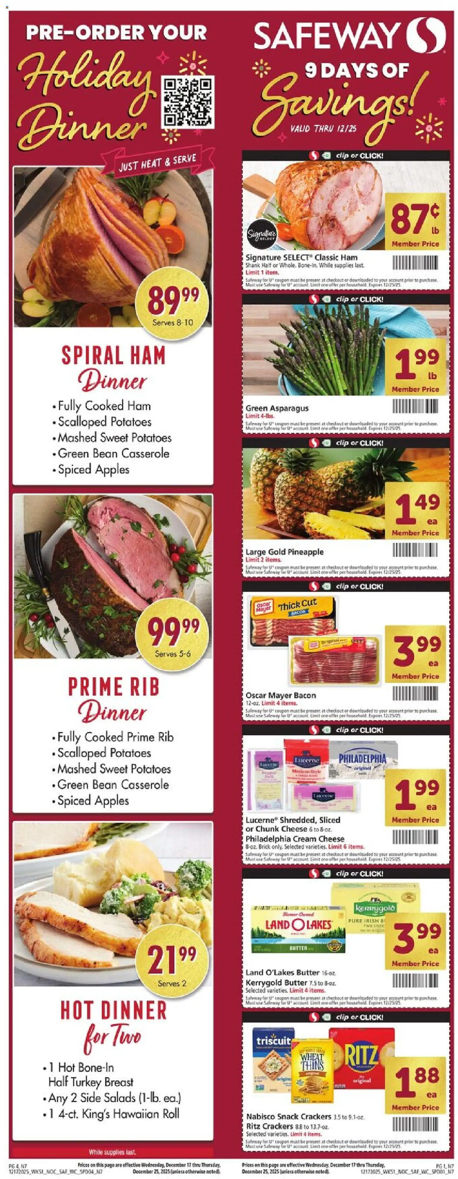 Safeway Weekly Ad - valid from 17.12.2025 | Page: 1 | Products: Asparagus, Butter, Cheese, Potatoes