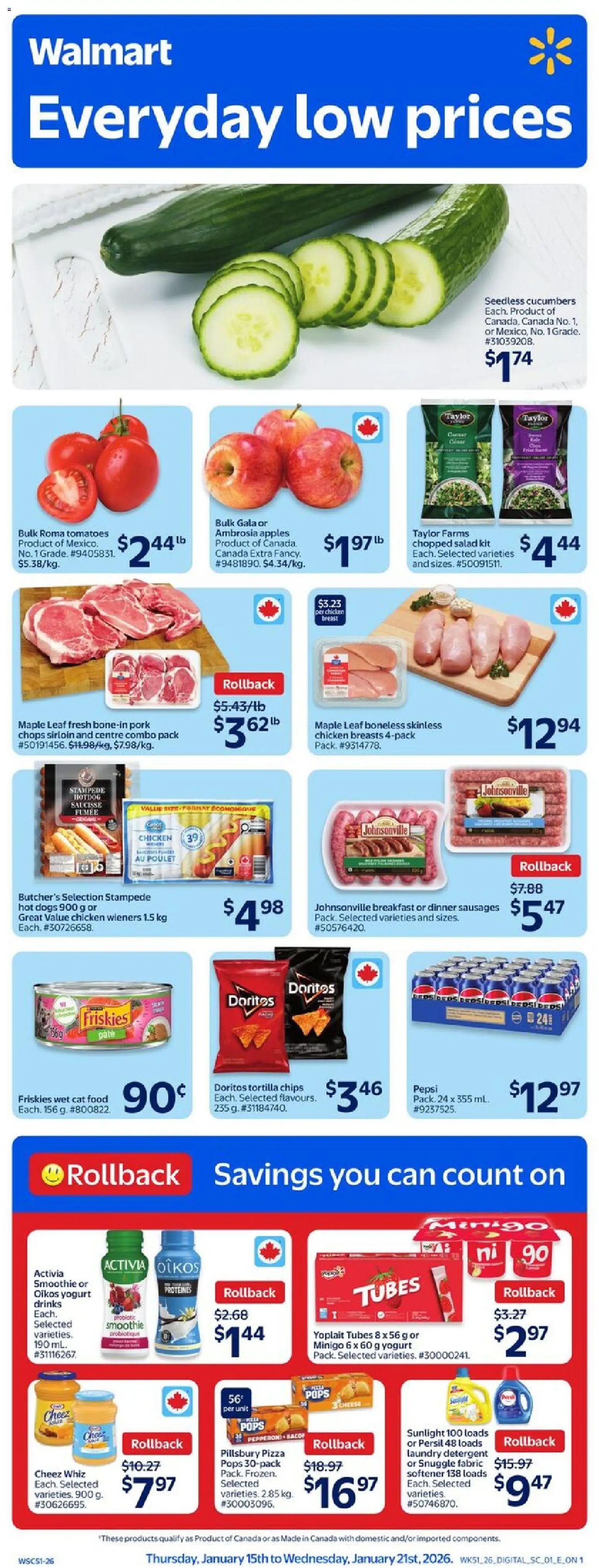 Walmart flyer valid from 15.01.2026 | Page: 1 | Products: Chips, Detergent, Pork, Apples