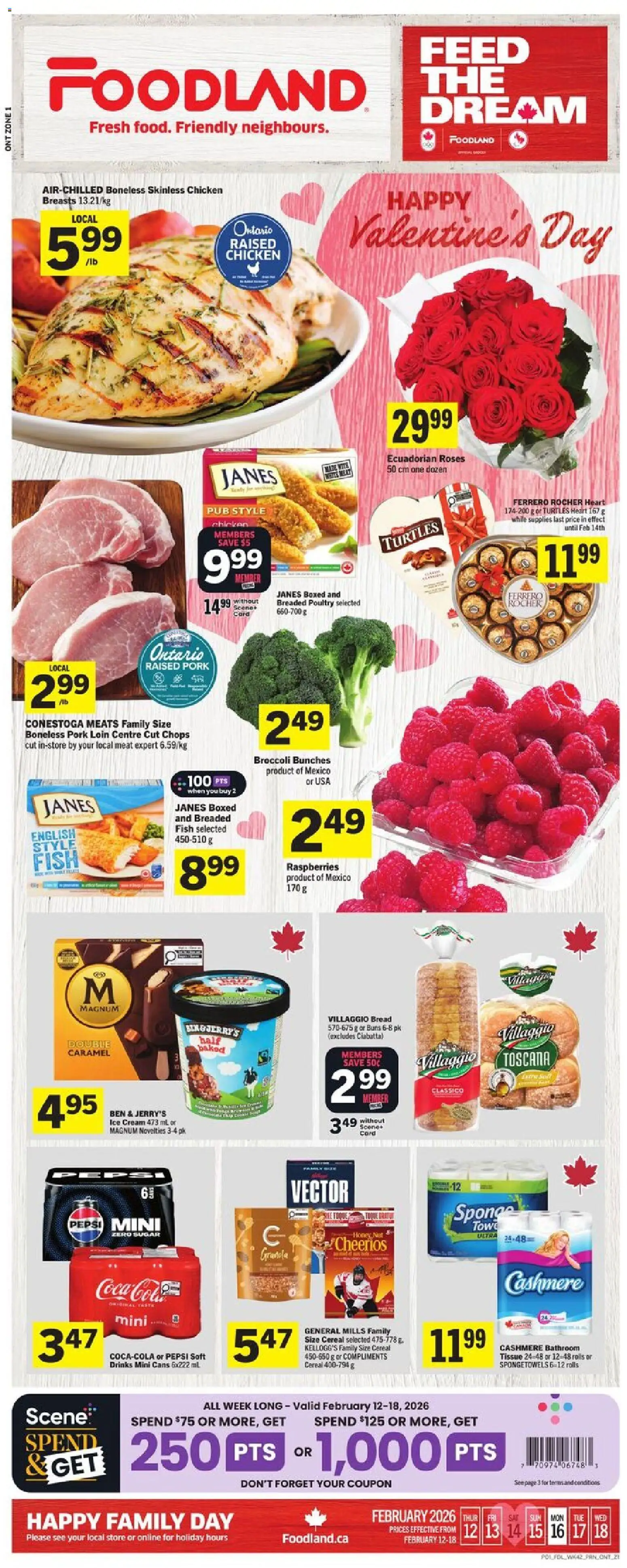 Foodland flyer valid from 12.02.2026 | Page: 1 | Products: Ice cream, Sponge, Bread, Chicken