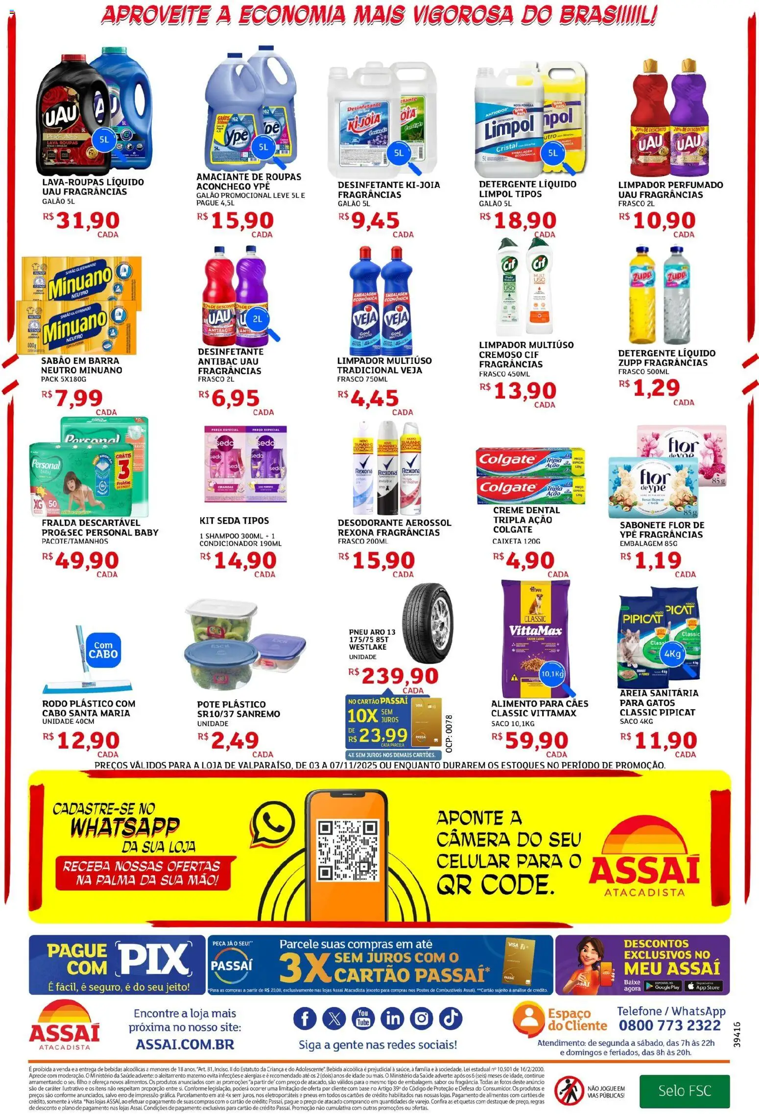 Assaí Atacadista Folheto - válido de 03.11.2025 | Página: 4 | Produtos: Limpador multiuso, Detergente, Fraldas, Rodo