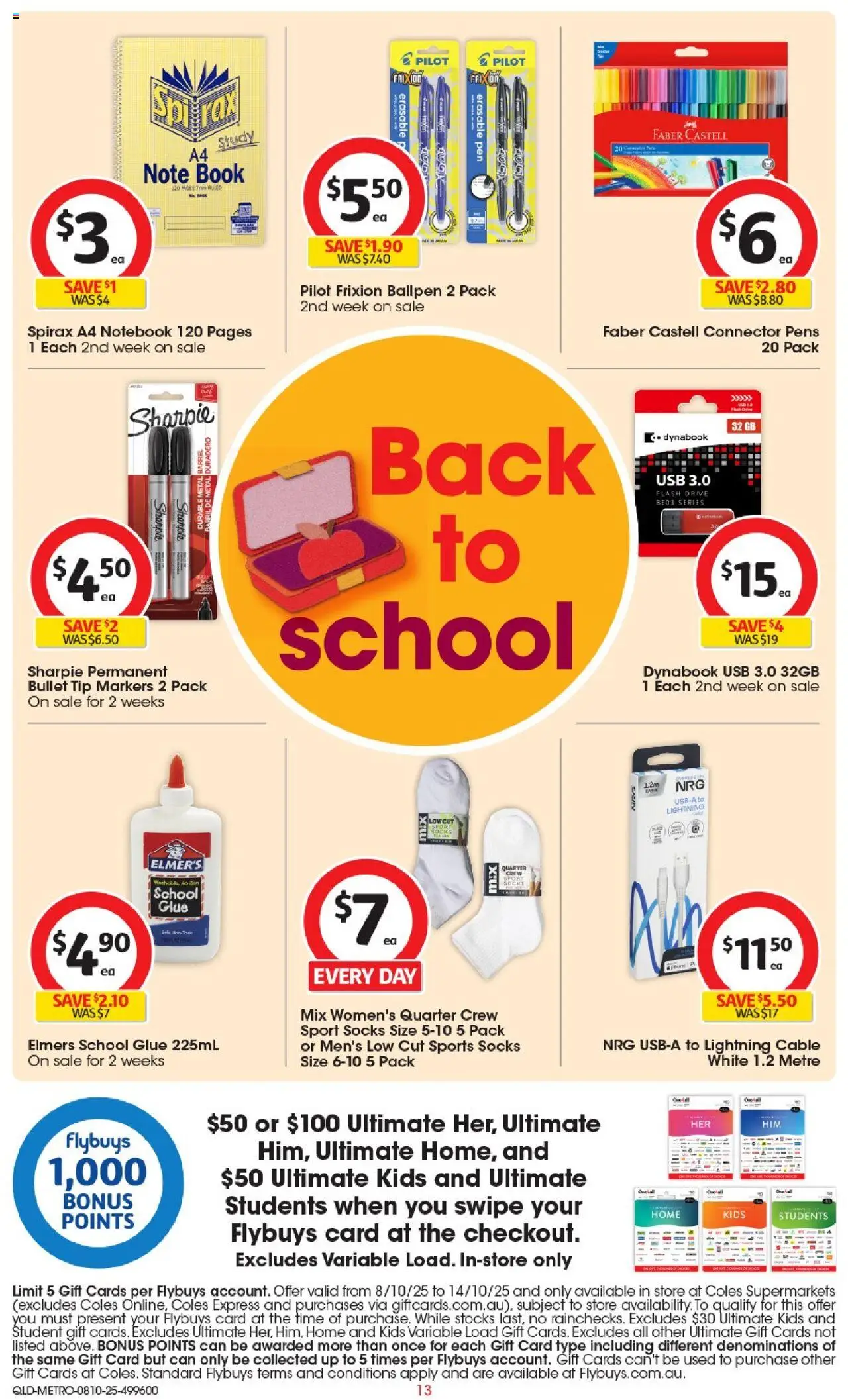 Coles catalogue - valid from 08.10.2025 | Page: 13 | Products: Socks, Glue, Cable, Usb