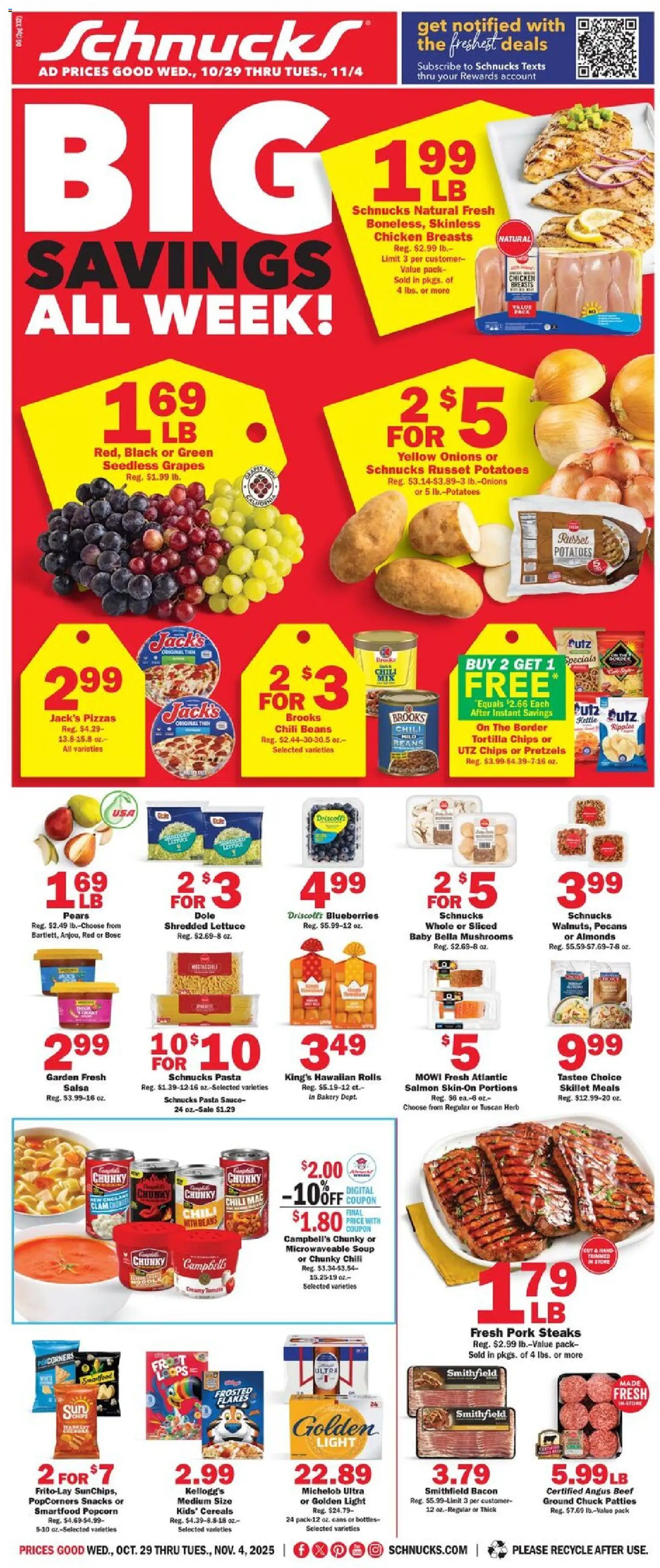Schnucks Ad - valid from 29.10.2025 | Page: 1 | Products: Lettuce, Skillet, Pork, Blueberries