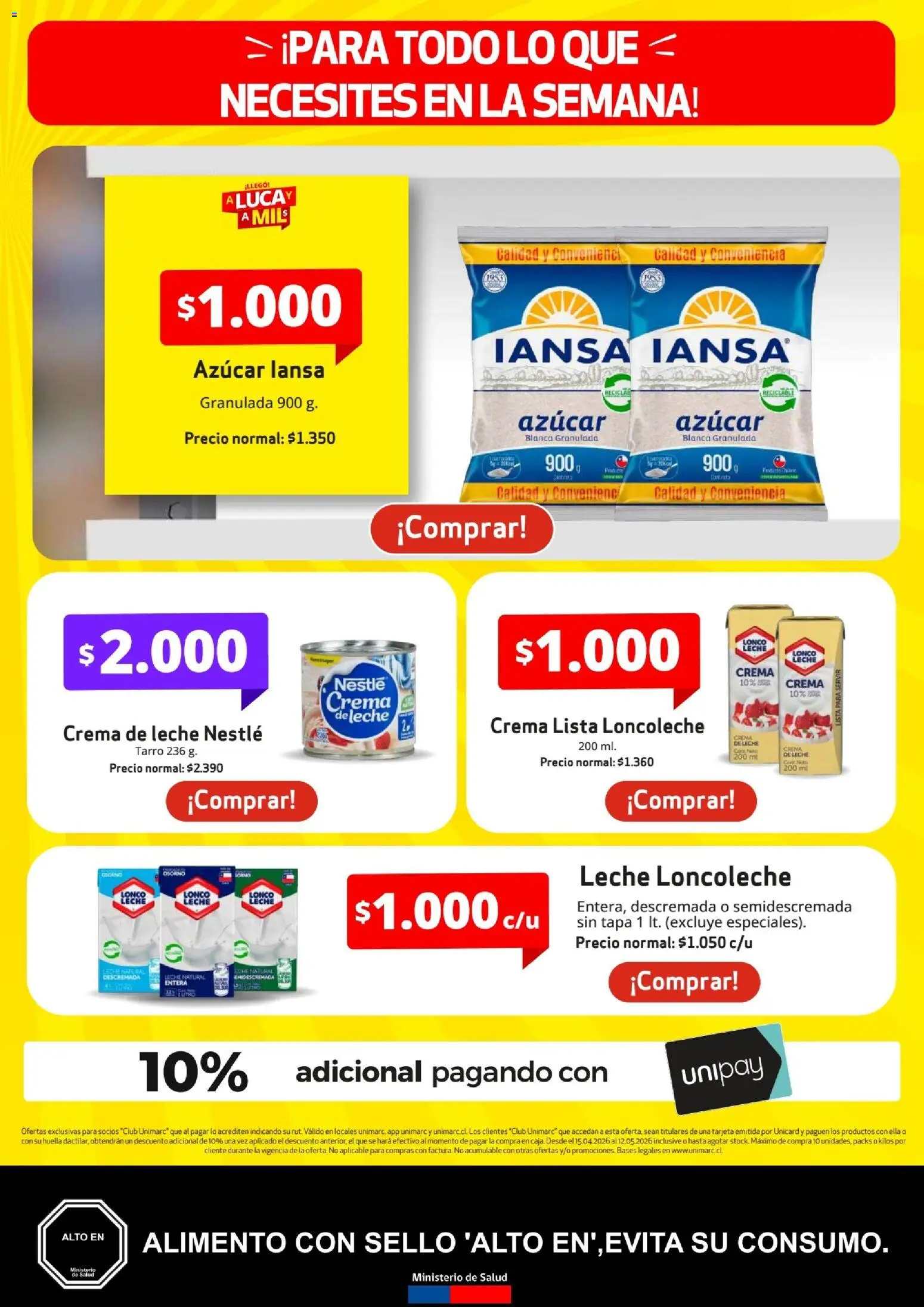 Unimarc Ofertas │ válido desde el 15.04.2026 | Página: 5 | Productos: Leche, Azucar, Crema de leche, Crema