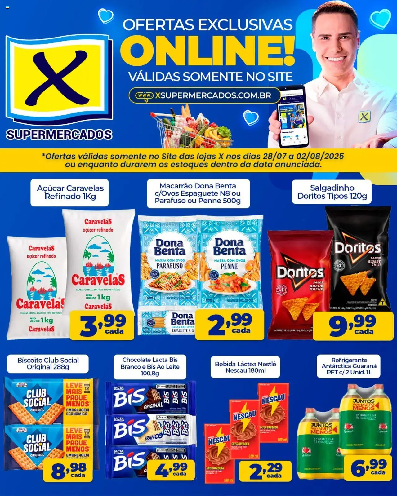 X Supermercados Folheto - válido de 28.07.2025 | Página: 2 | Produtos: Leite, Ovos, Chocolate, Macarrão