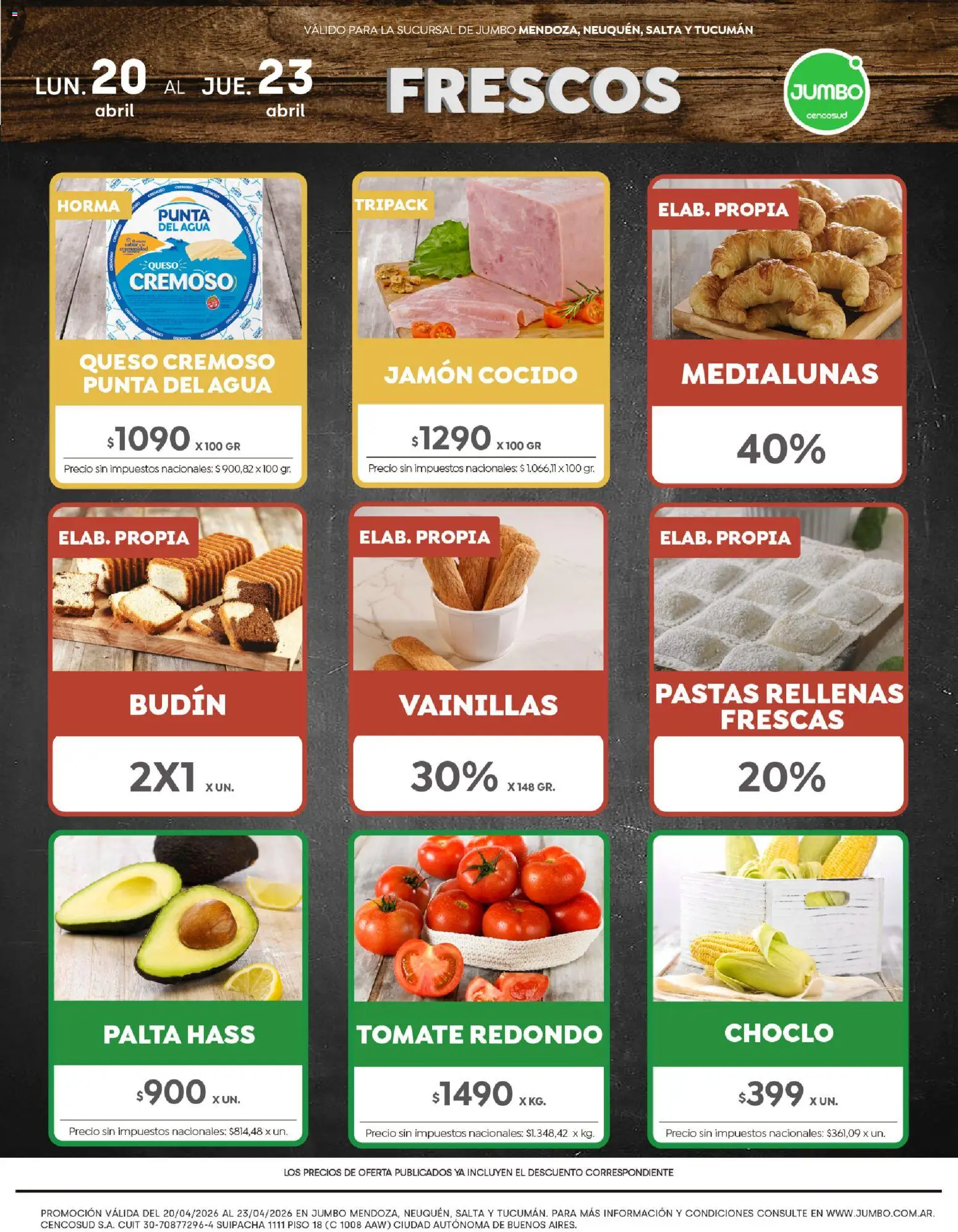 Jumbo - Ofertas | Interior │ válido desde el 20.04.2026 | Página: 1 | Productos: Budín, Tomate, Agua, Palta