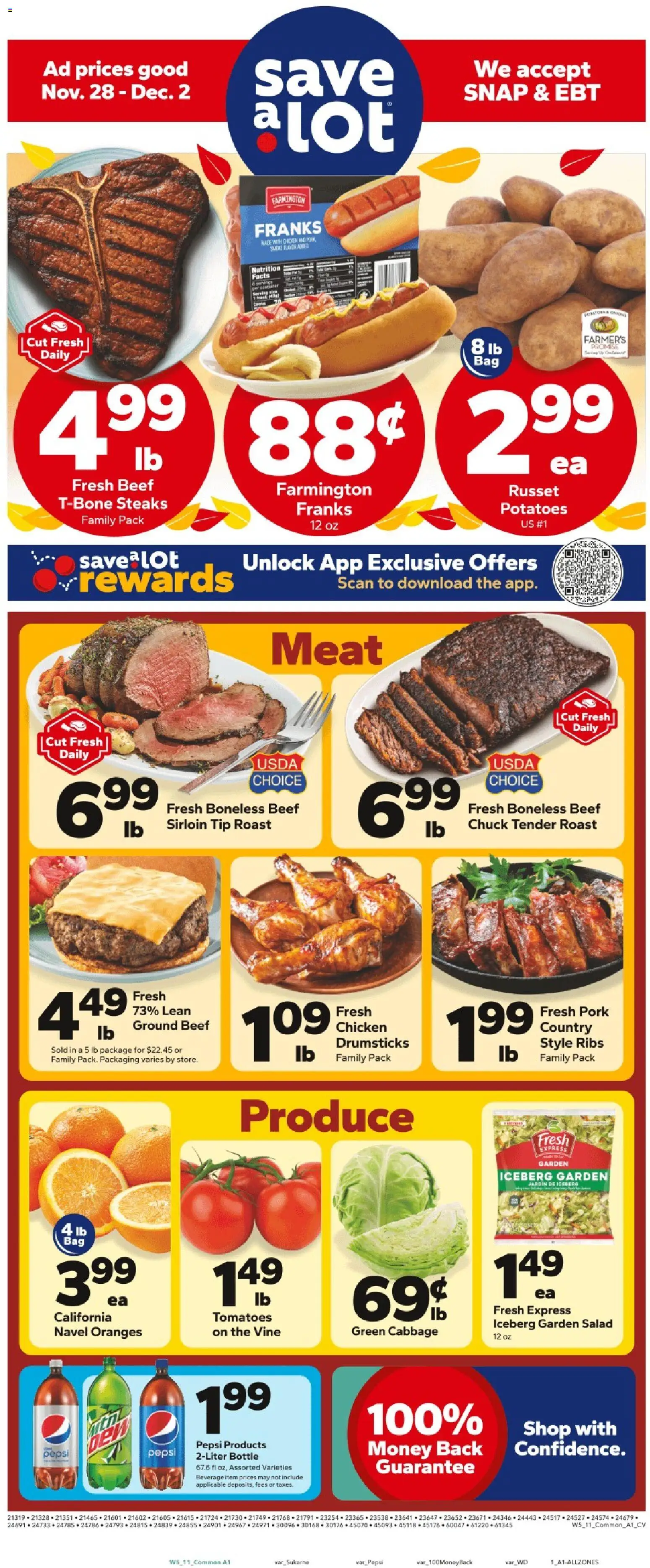 Save a Lot Weekly Ad - valid from 28.11.2025 | Page: 1 | Products: Oranges, Beef, Potatoes, Cabbage