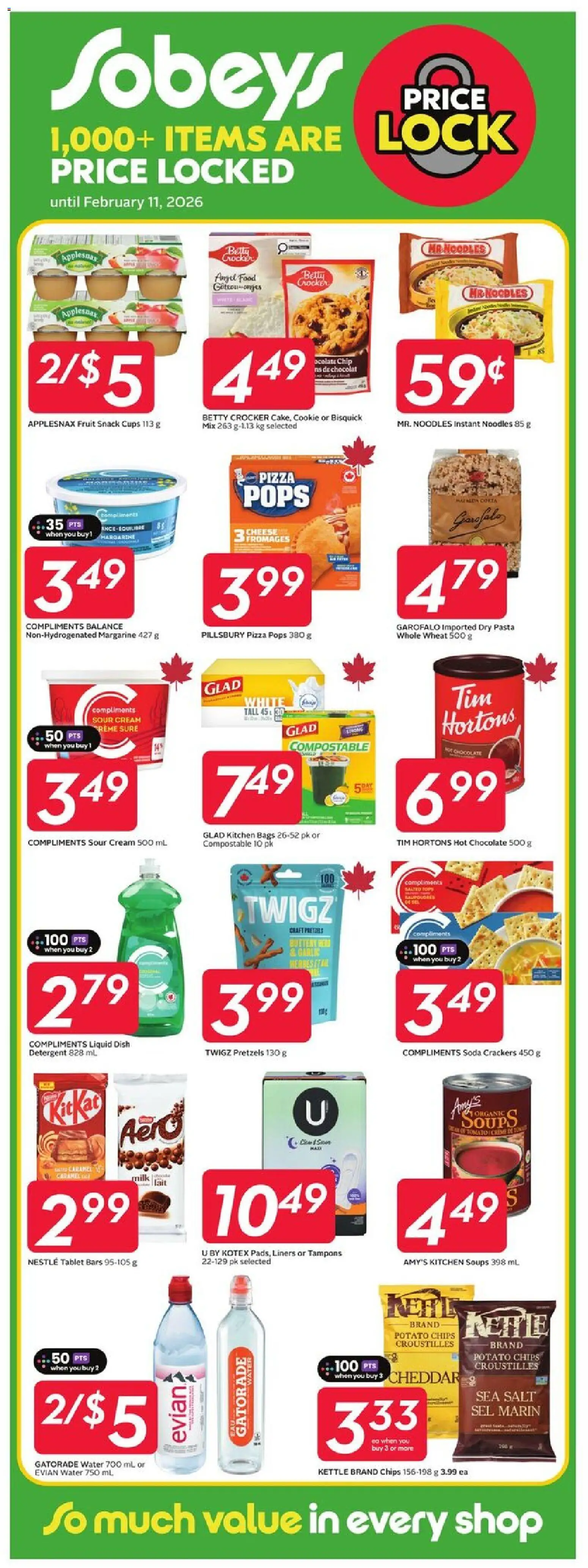 Sobeys flyer valid from 01.01.2026 | Page: 18 | Products: Sour cream, Pasta, Milk, Chocolate