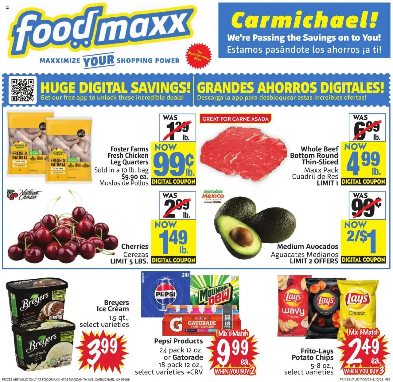 FoodMaxx Weekly Ad - valid from 30.07.2025 | Page: 1 | Products: Cherries, Chips, Cream, Ice cream