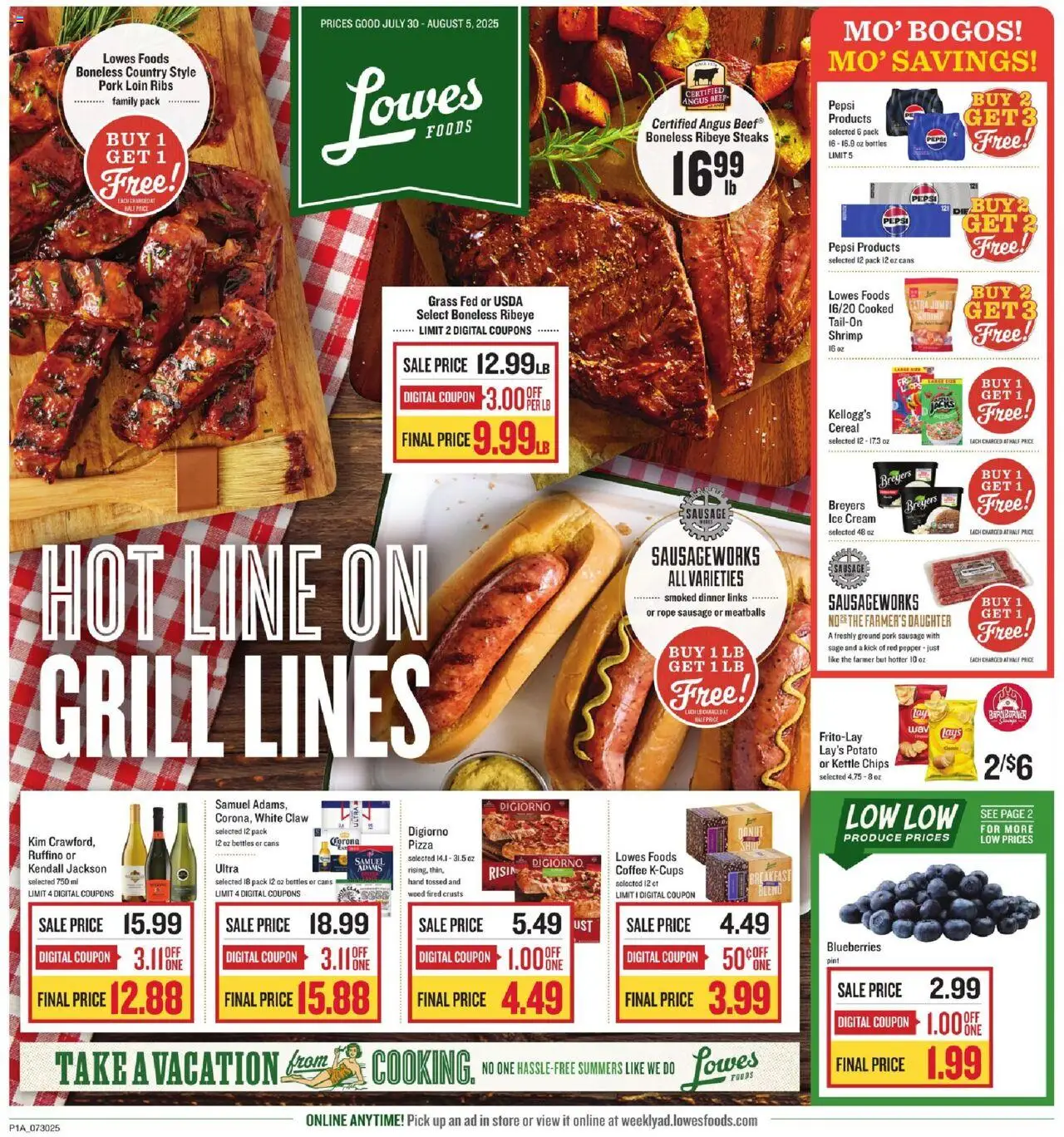 Lowes Foods Weekly Ad - valid from 30.07.2025 | Page: 1 | Products: Coffee, Pepper, Blueberries, Grill