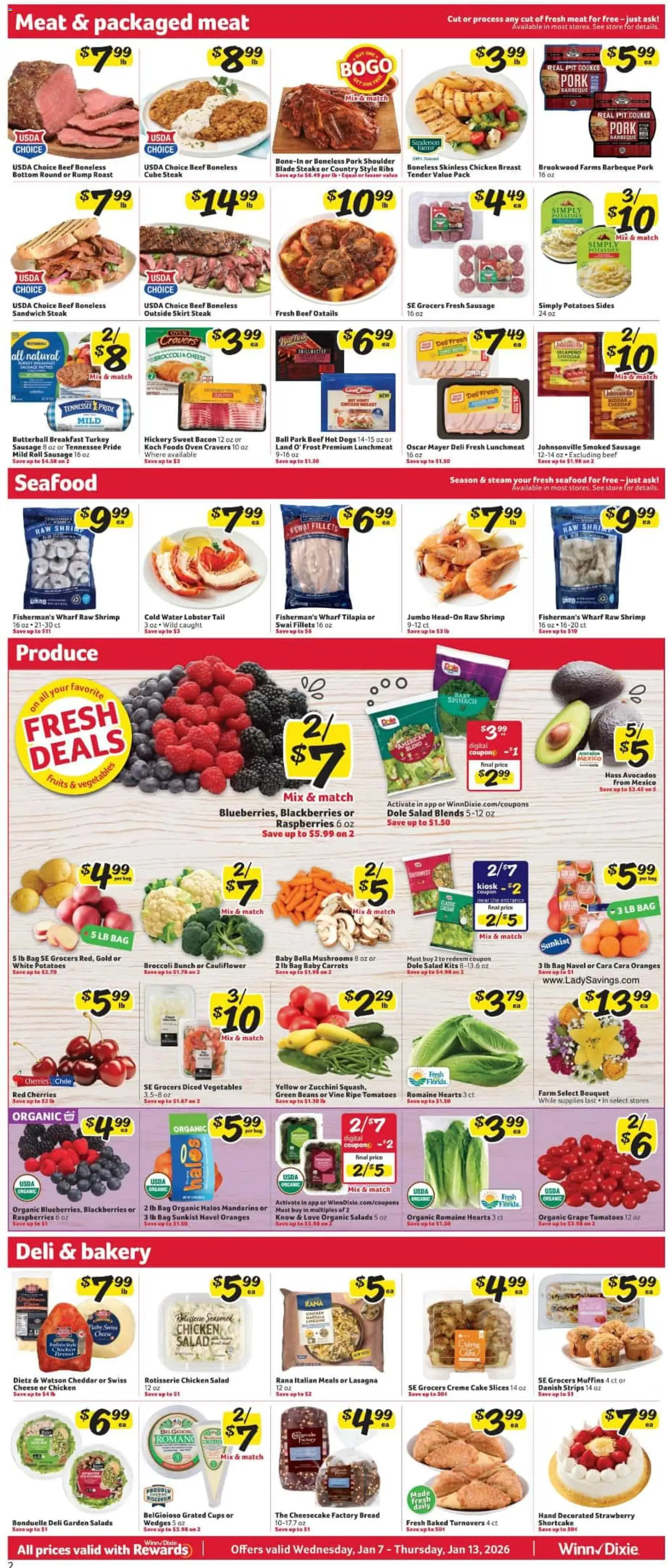 Winn Dixie Weekly Ad - valid from 07.01.2026 | Page: 2 | Products: Beef, Seafood, Cheesecake, Hot Dogs