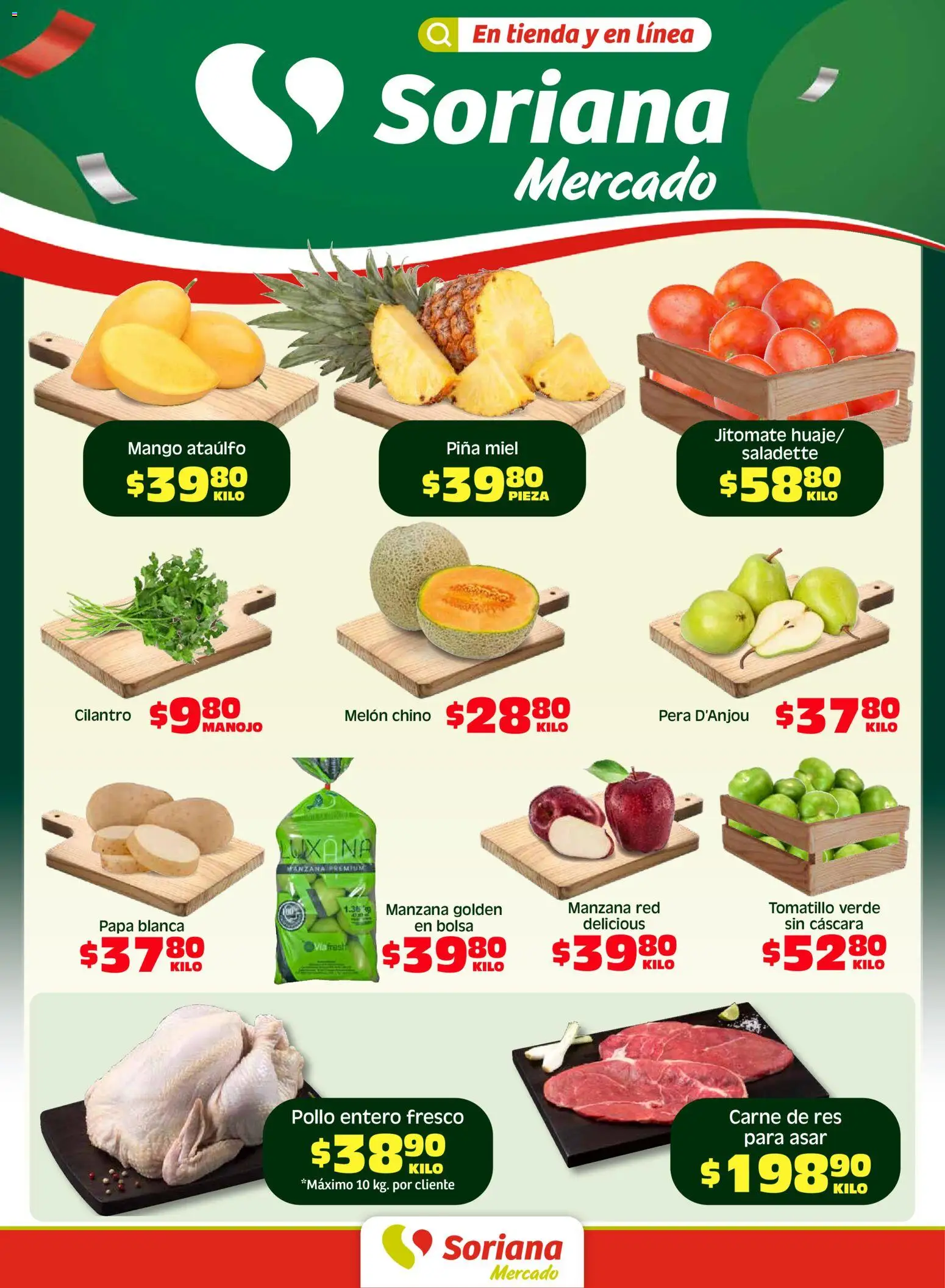 Nuevas ofertas de Soriana válidas en toda la República Mexicana desde el 17.04.2026. ¡Encuentra las mejores ofertas en Soriana Fin de Semana Mercado: Ags, Nay, Jal, Qro, Col, Mich, Gto, Hgo, Tlax, Mor, Pue, Gro, Oax, Edo. de Mex, CDMX, Zac y SLP! | Página: 1 | Productos: Melón, Bolsa, Mango, Piña