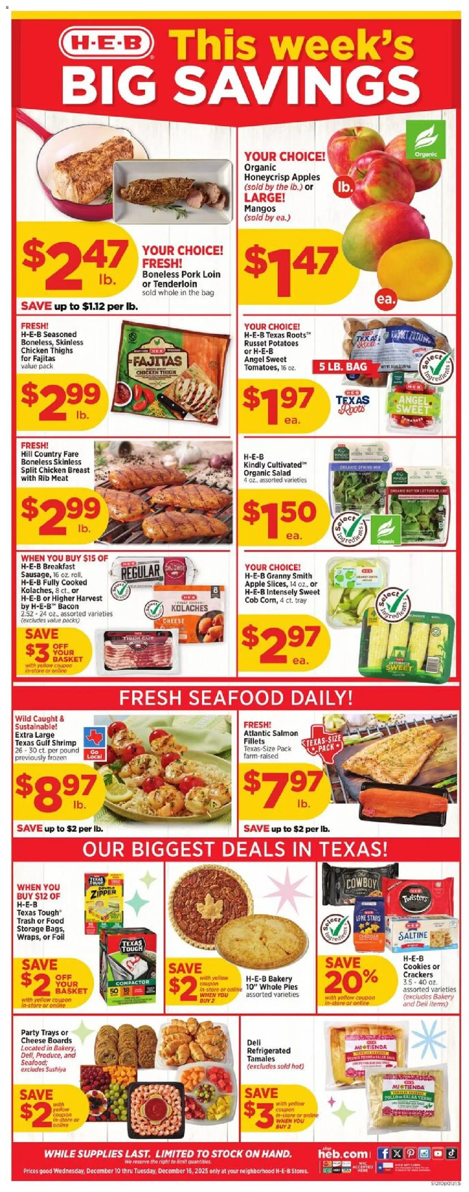 H-E-B Weekly Ad - valid from 10.12.2025 | Page: 1 | Products: Basket, Apples, Potatoes, Seafood