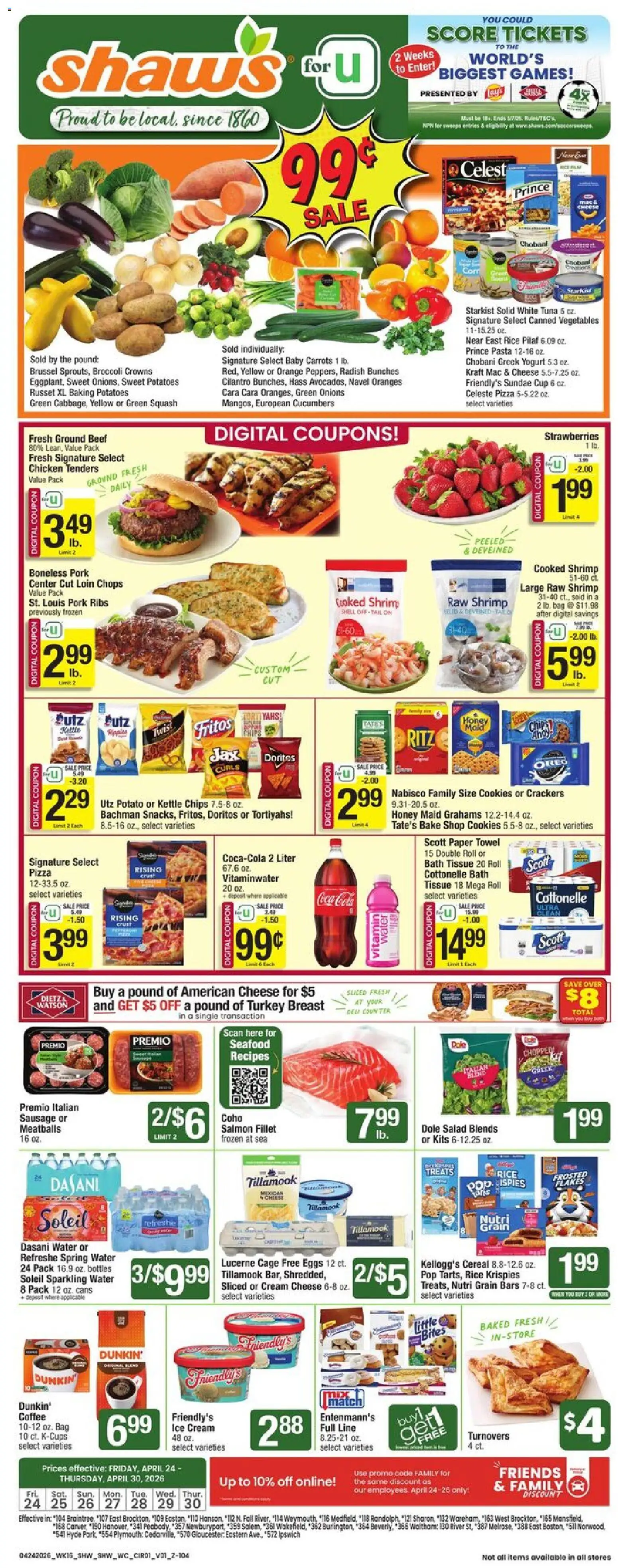 Shaw's Weekly Ad - MA - valid from 24.04.2026 | Page: 1 | Products: Broccoli, Cheese, Pasta, Seafood