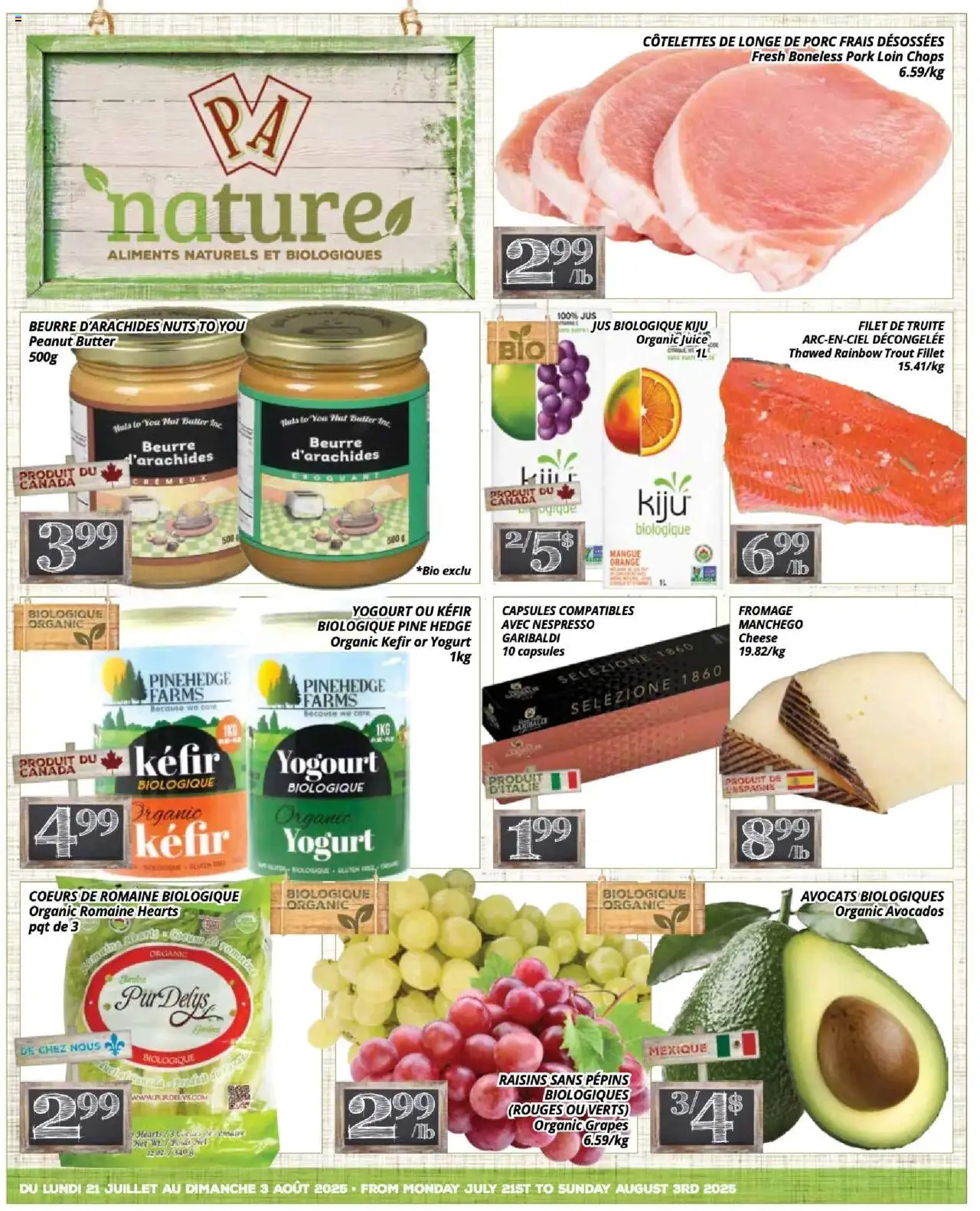 Pa Supermarché flyer valid from 21.07.2025 | Page: 1 | Products: Nuts, Yogurt, Juice, Pork