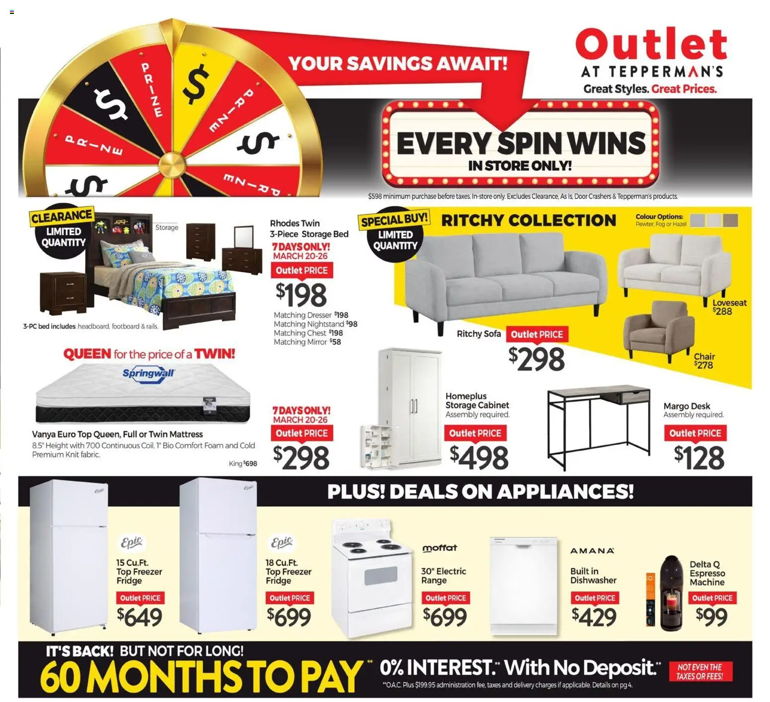 Tepperman's weekly flyer / circulaire flyer valid from 20.03.2026 | Page: 12 | Products: Dishwasher, Bed, Sofa, Chair