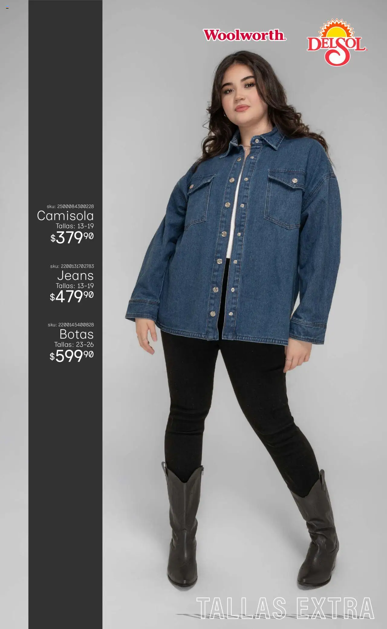 Nuevas ofertas de Del Sol y Woolworth válidas en toda la República Mexicana desde el 08.09.2025. ¡Encuentra las mejores ofertas en Del Sol y Woolworth - Catálogo Luce El Otoño - Mezclilla ! | Página: 8 | Productos: Botas