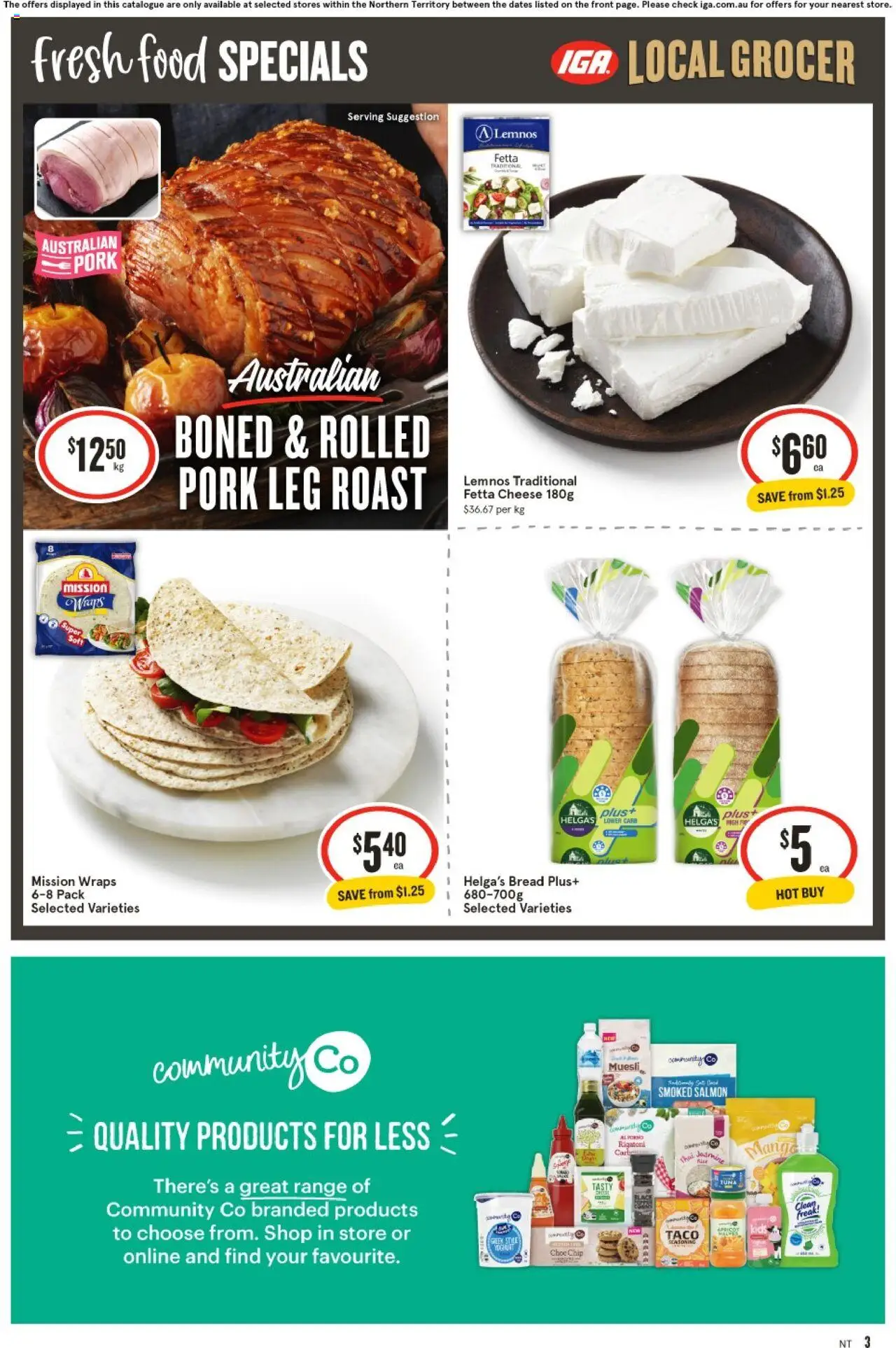 IGA catalogue - valid from 27.08.2025 | Page: 3 | Products: Cheese, Bread, Pork, Tuna
