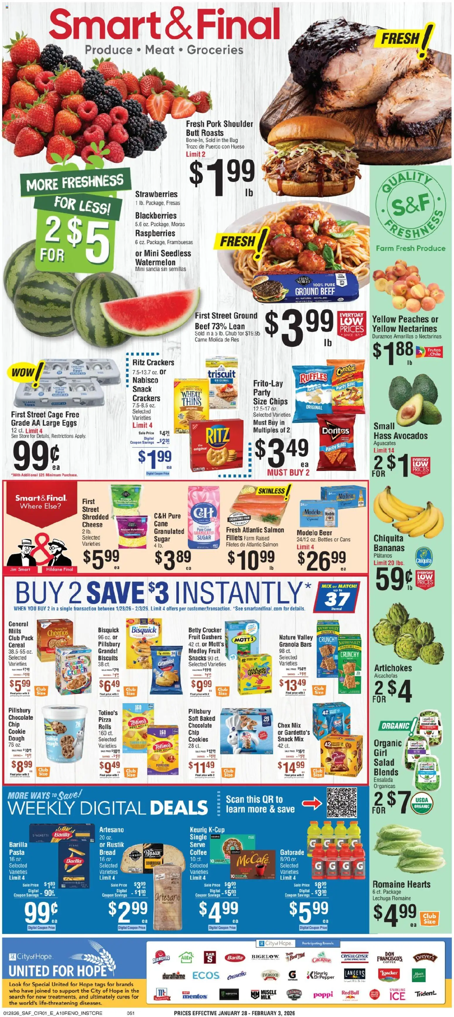 Smart & Final Weekly Ad - valid from 28.01.2026 | Page: 1 | Products: Coffee, Chocolate, Strawberries, Bag