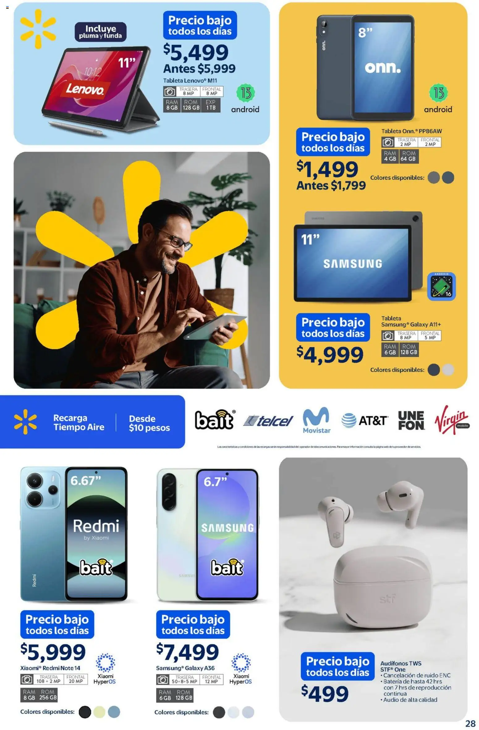 Nuevas ofertas de Walmart válidas en toda la República Mexicana desde el 13.02.2026. ¡Encuentra las mejores ofertas en Walmart catálogo Un mar de sabores a precios bajos! | Página: 28 | Productos: Audífonos, Funda, Batería, Tableta