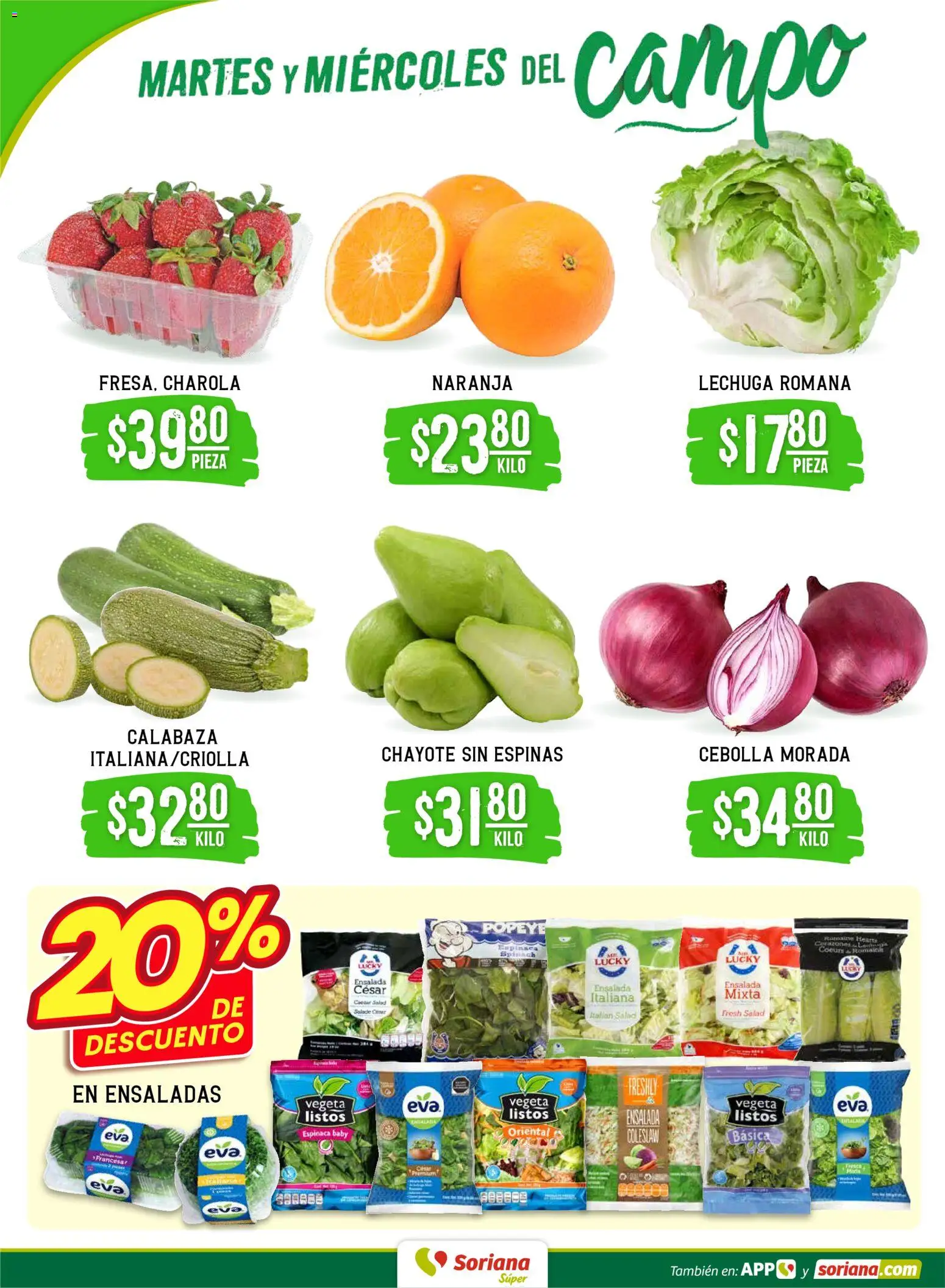 Nuevas ofertas de Soriana válidas en toda la República Mexicana desde el 27.01.2026. ¡Encuentra las mejores ofertas en Soriana - Martes y Miércoles del Campo Súper: Nuevo León, Ciudad Victoria y Tampico! | Página: 2 | Productos: Cebolla, Lechuga, Espinaca, Ensalada