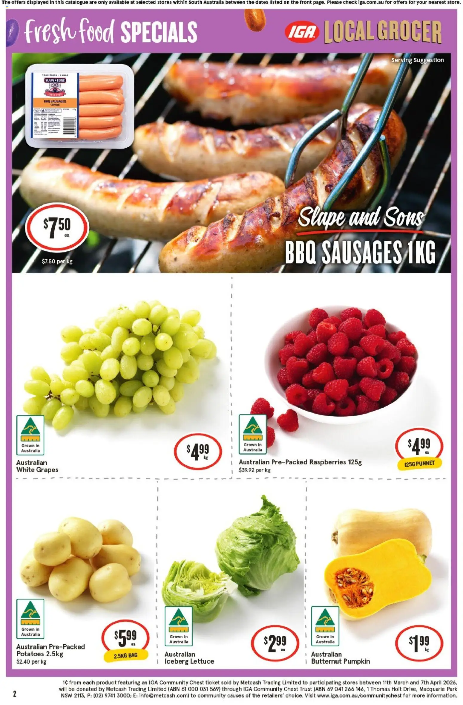 IGA catalogue - valid from 01.04.2026 | Page: 2 | Products: Lettuce, Potatoes, Pumpkin, Grapes