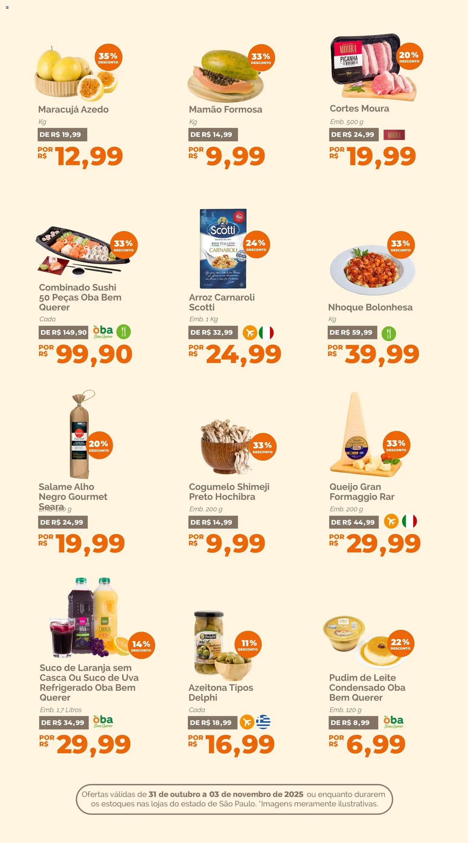 Oba Hortifruti Folheto - válido de 31.10.2025 | Página: 6 | Produtos: Picanha, Queijo, Salame, Suco