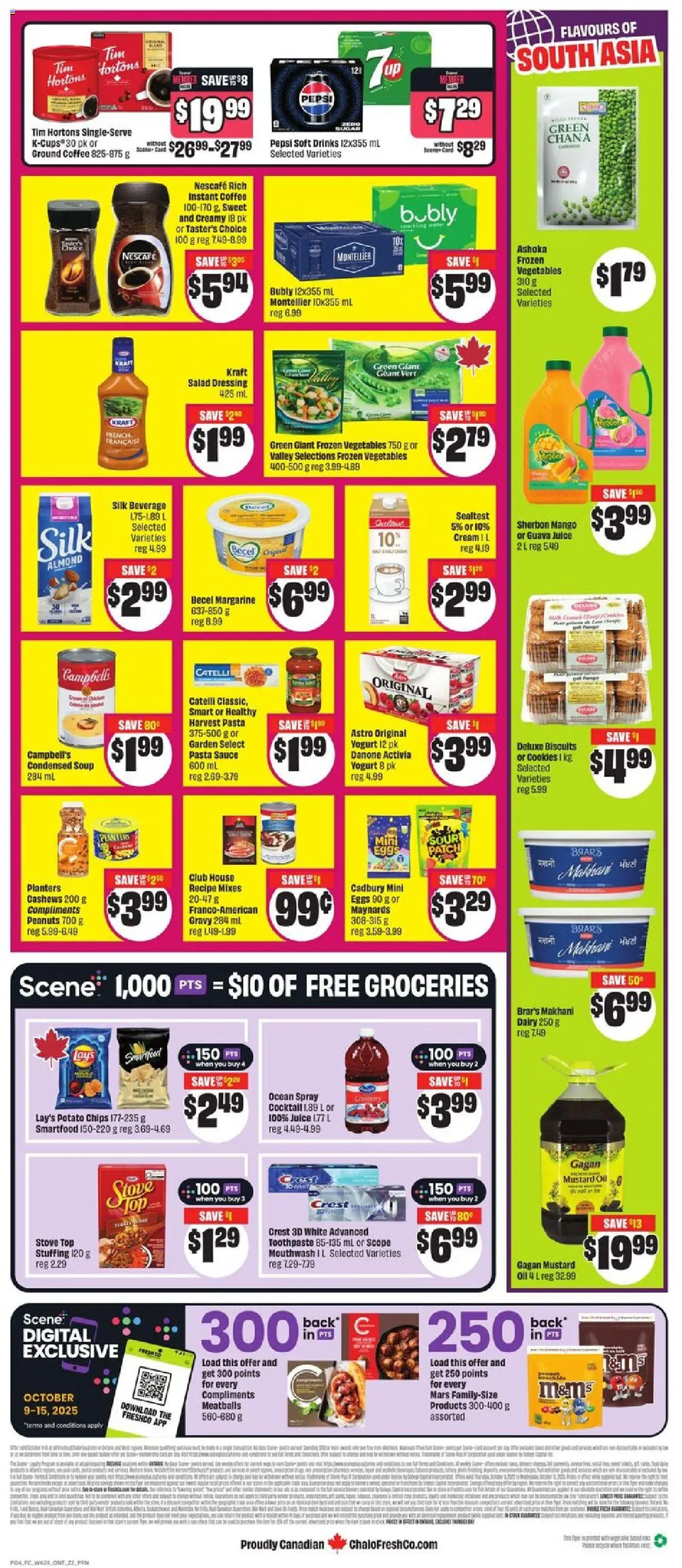 FreshCo flyer valid from 09.10.2025 | Page: 2 | Products: Pasta, Chips, Mouthwash, Yogurt