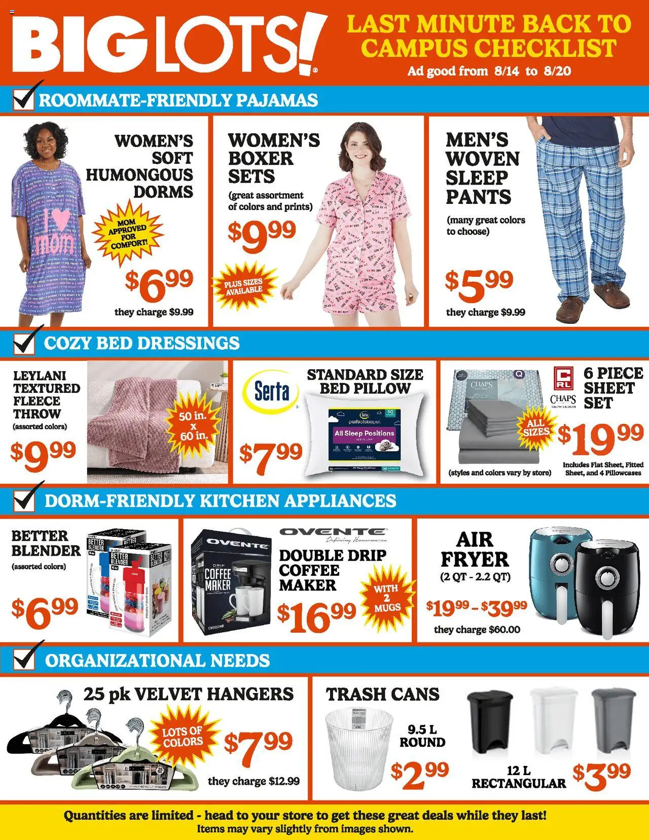 Big Lots Weekly Ad - valid from 14.08.2025 | Page: 2 | Products: Pants, Pajamas, Sheet, Coffee maker