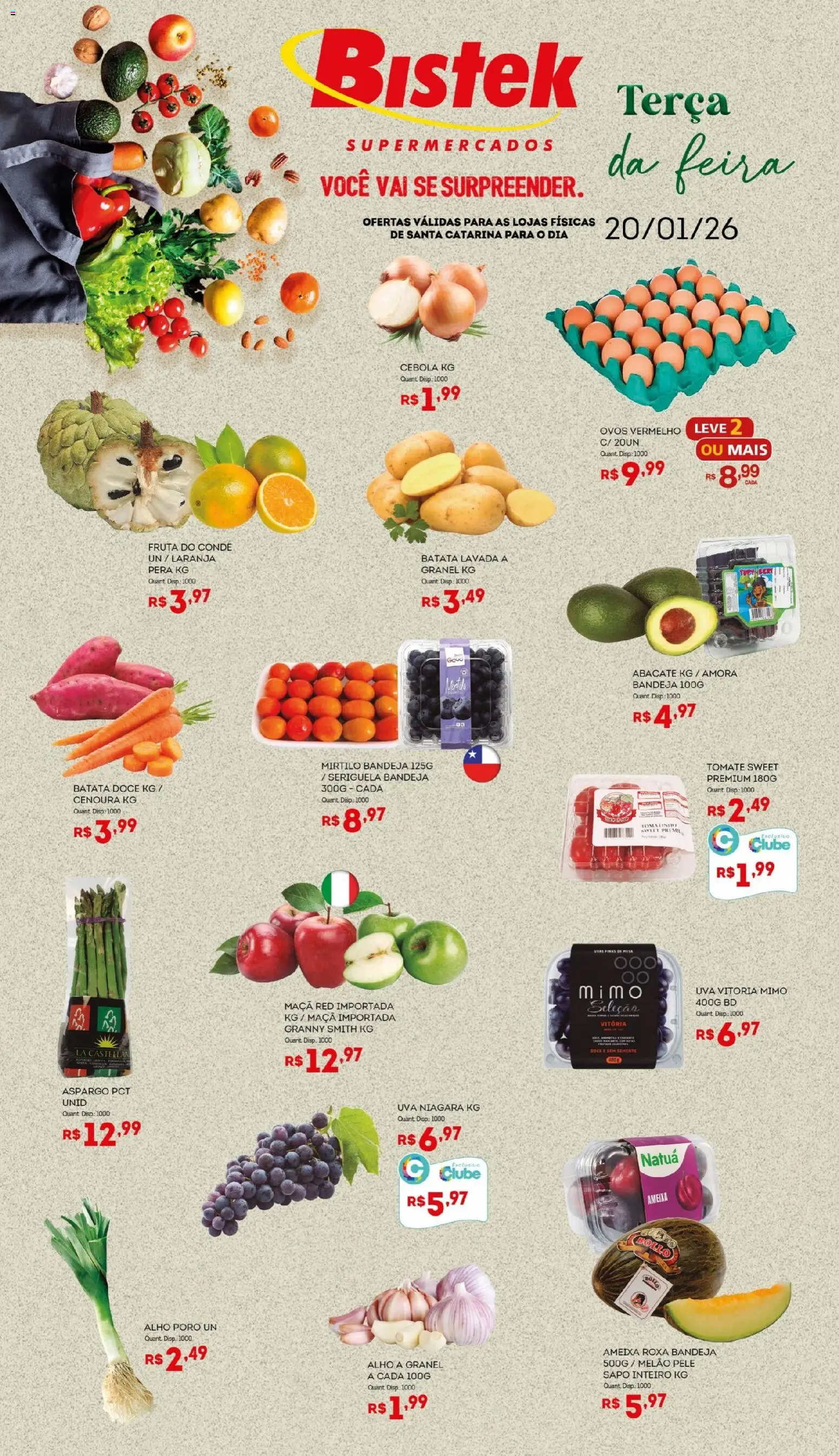 Bistek Supermercados Folheto - válido de 20.01.2026 | Página: 1 | Produtos: Alho, Ovos, Bandeja, Ameixa
