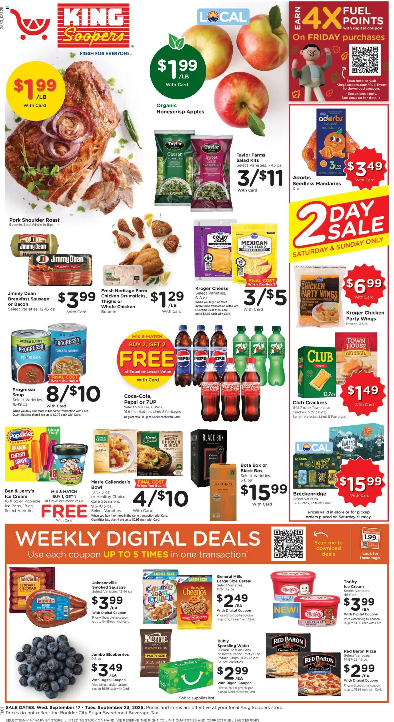King Soopers Weekly Ad - valid from 17.09.2025 | Page: 1 | Products: Mandarins, Beef, Water, Bag