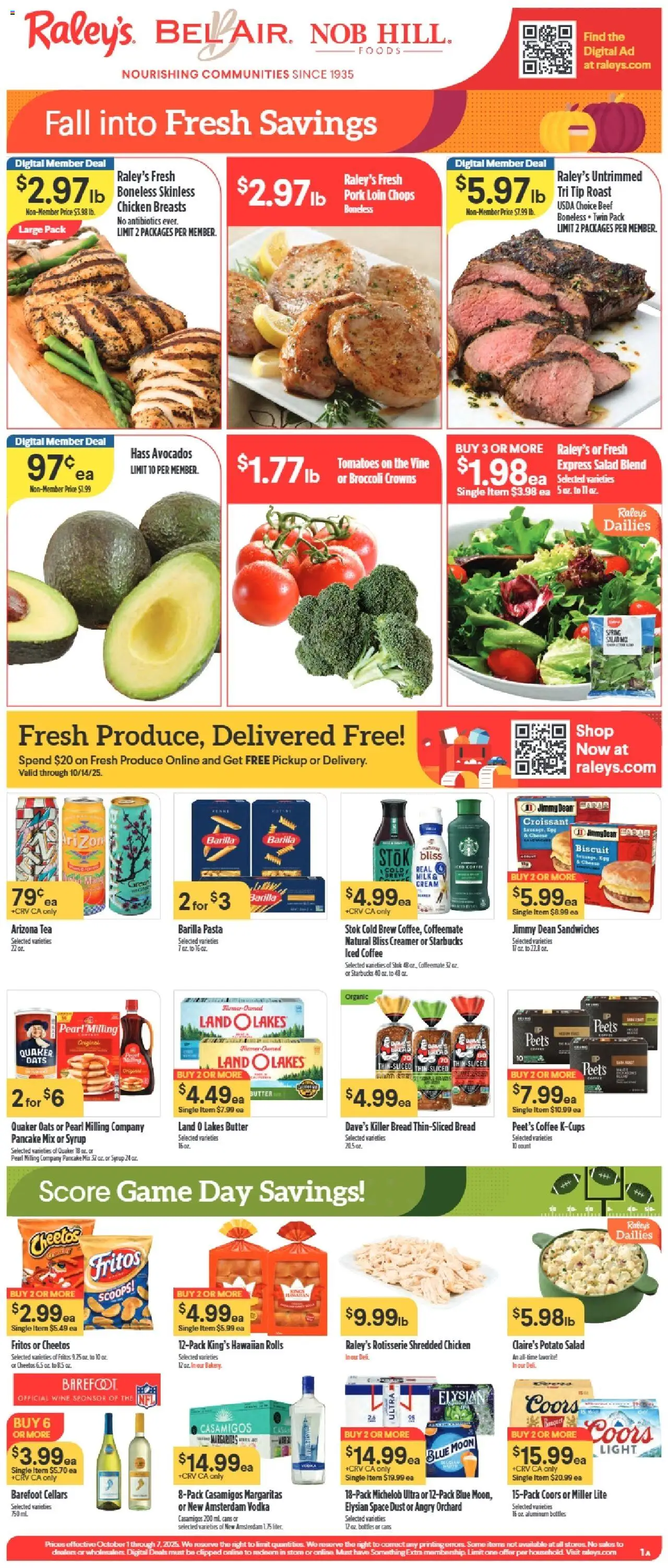 Raley's Weekly Ad - valid from 01.10.2025 | Page: 1 | Products: Milk, Wine, Cream, Pear