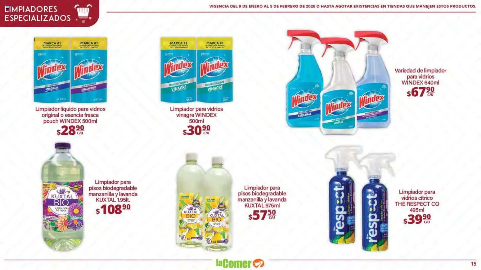 Nuevas ofertas de La Comer válidas en toda la República Mexicana desde el 09.01.2026. ¡Encuentra las mejores ofertas en La Comer folleto Limpia Desinfecta Organiza Ahorra! | Página: 15 | Productos: Vinagre, Huevo, Limpiador
