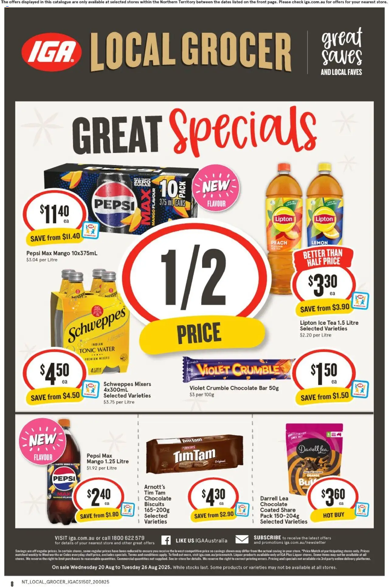 IGA catalogue - valid from 20.08.2025 | Page: 2 | Products: Chocolate, Lemon, Peach, Pepsi Max