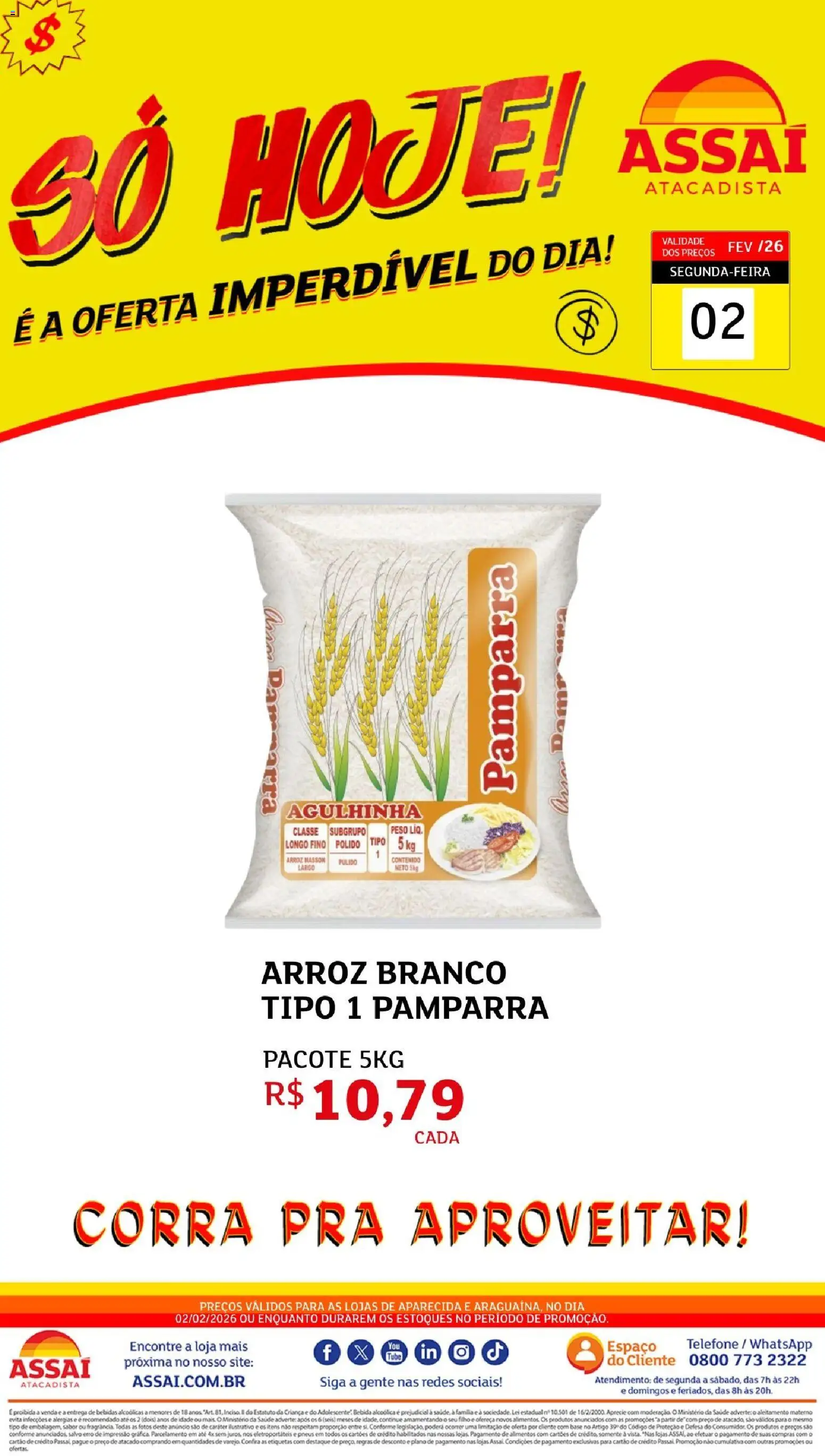 Assaí Atacadista Folheto - válido de 02.02.2026 | Página: 1 | Produtos: Arroz, Base, Bebida, Telefone