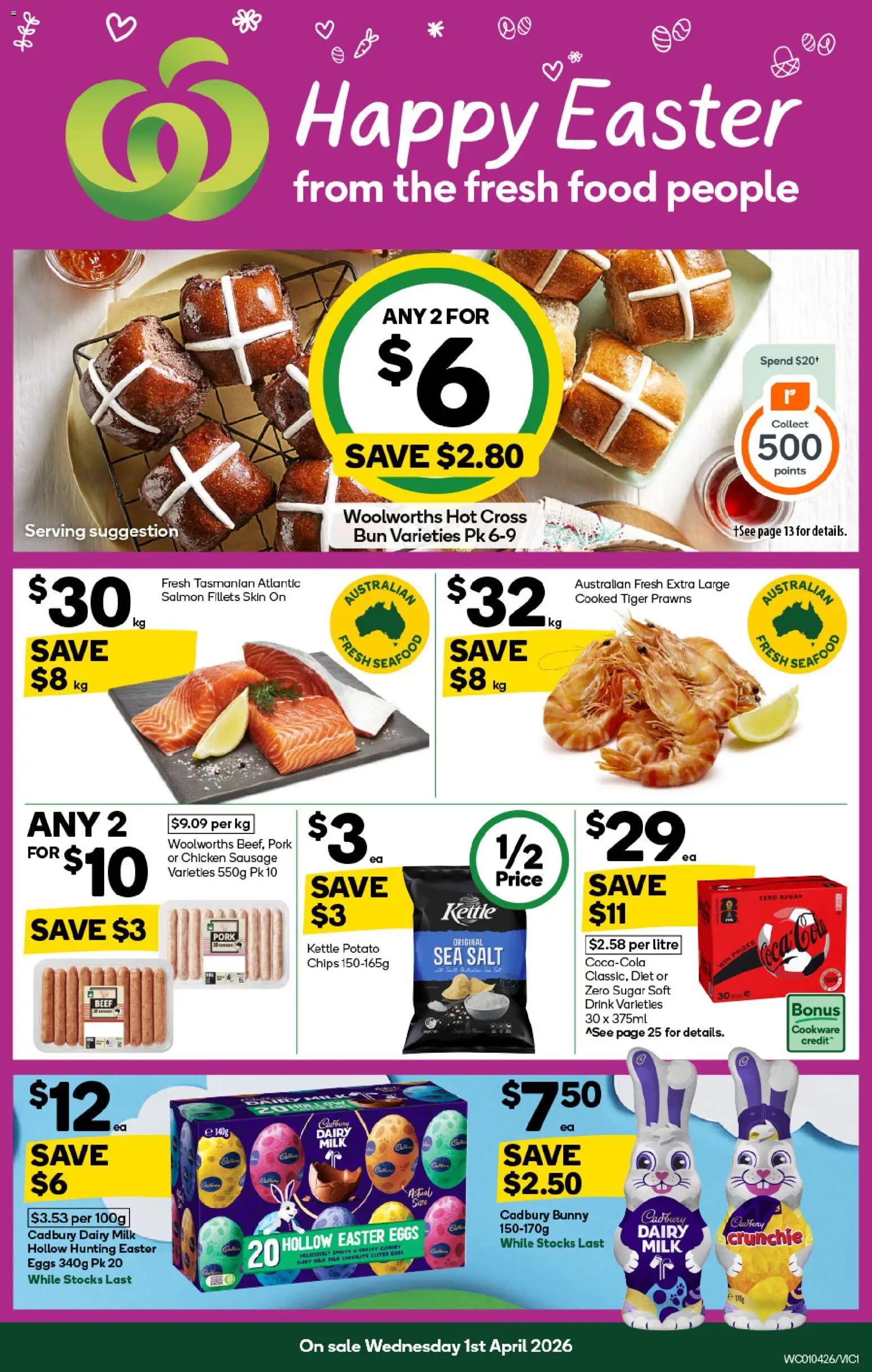 Woolworths catalogue - valid from 01.04.2026 | Page: 1 | Products: Prawns, Salmon, Sugar, Sausage