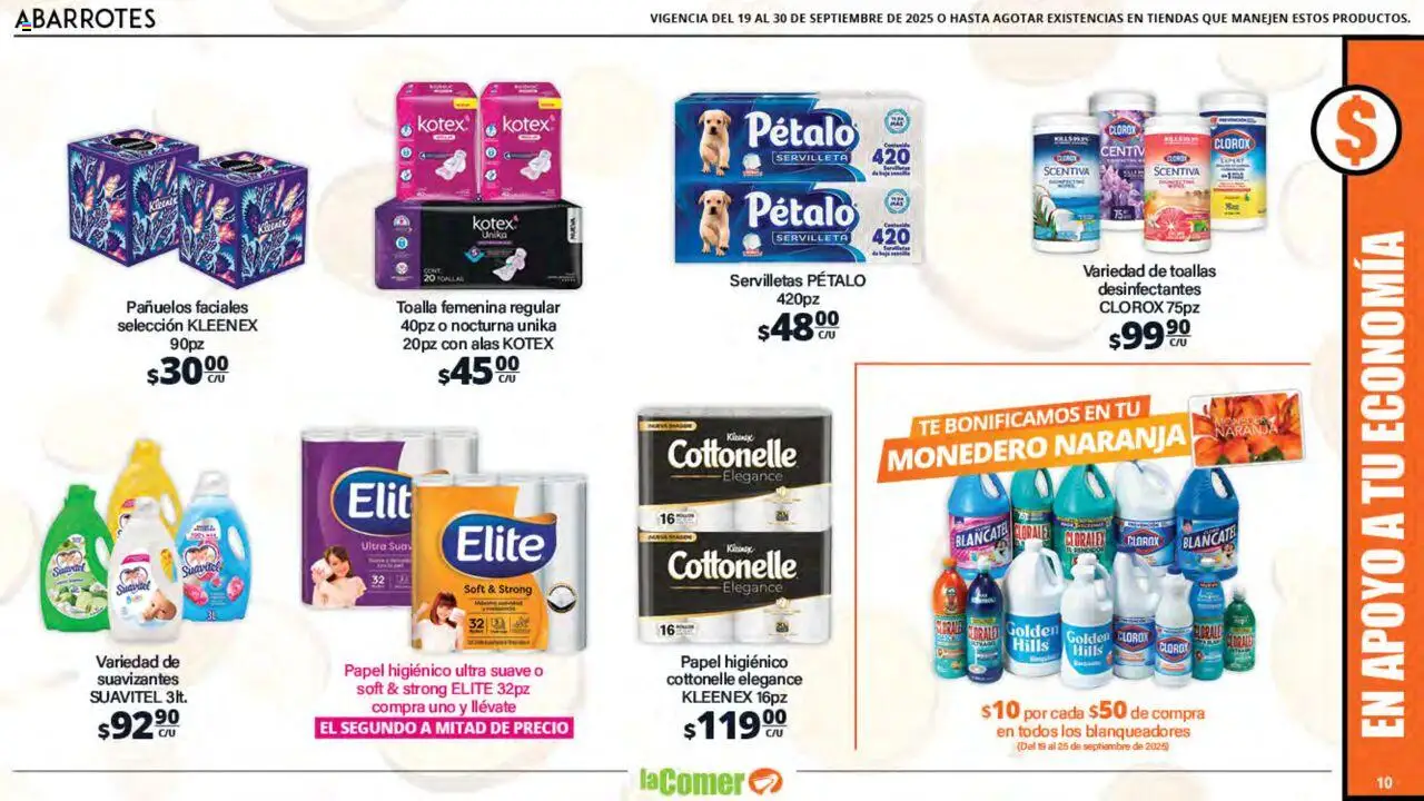 Nuevas ofertas de La Comer válidas en toda la República Mexicana desde el 19.09.2025. ¡Encuentra las mejores ofertas en La Comer - Folleto! | Página: 10 | Productos: Monedero, Toalla, Papel higiénico, Cloro