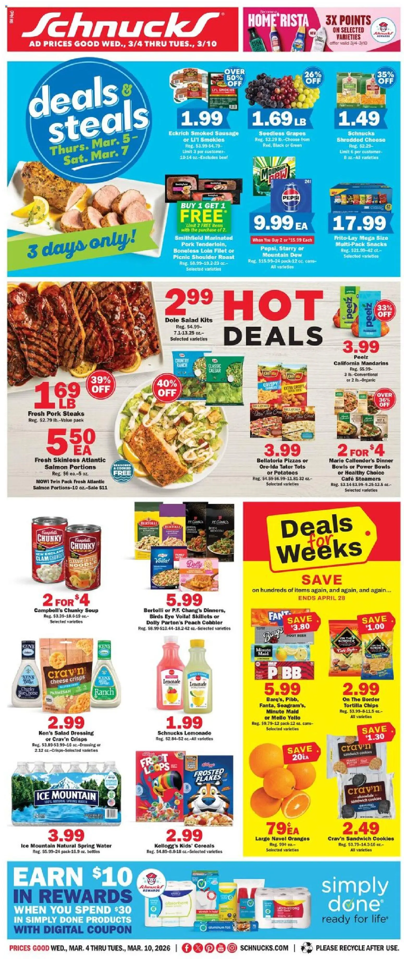 Schnucks Weekly Print Ad - MO - valid from 04.03.2026 | Page: 1 | Products: Beer, Chips, Salad, Potatoes